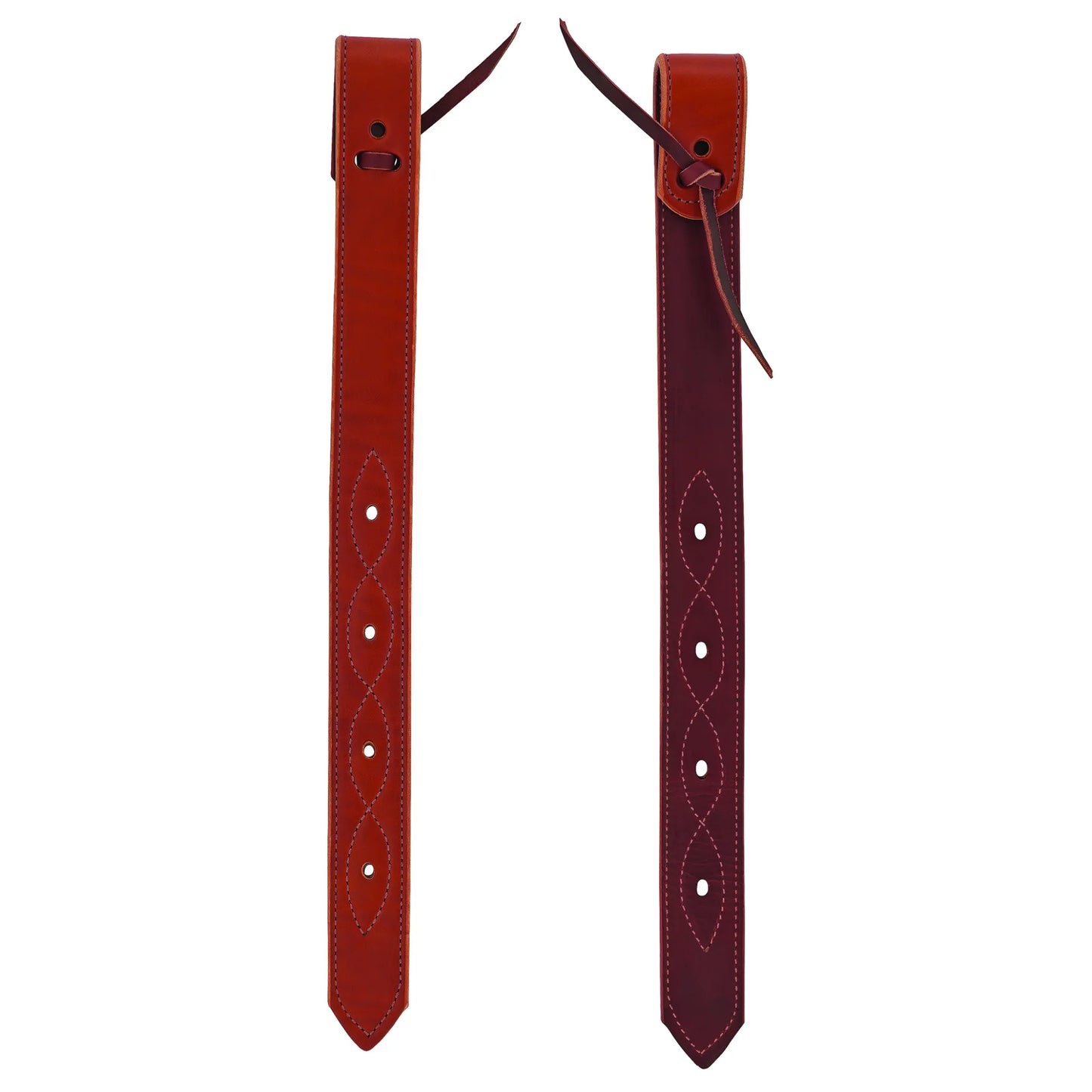 Weaver Leather Billets for Western horse saddles, shown in rich chestnut and mahogany leather. These durable equestrian straps feature high-quality reinforced stitching, multiple adjustment holes, and secure leather ties at the top. Designed for reliability and strength, these tapered billets are essential saddle accessories for any rider's tack room, offering a professional look and long-lasting performance.