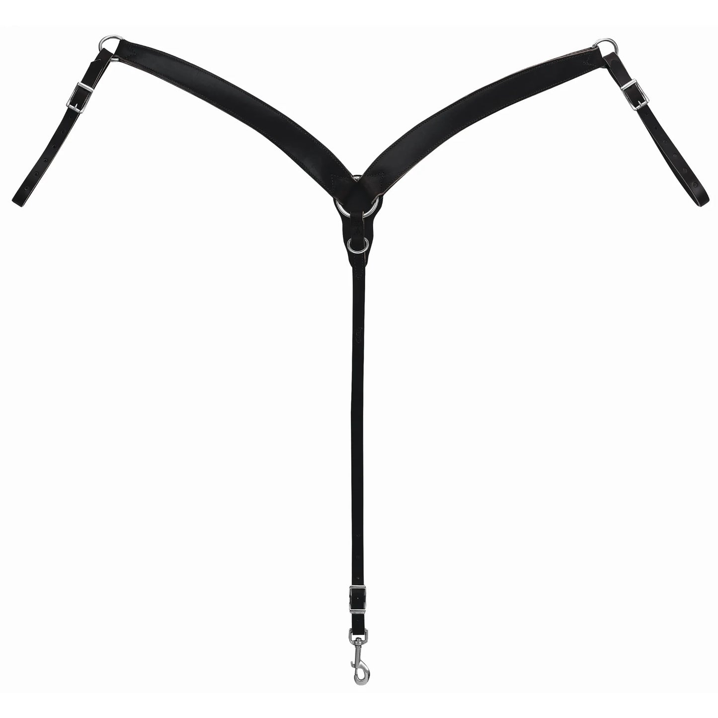 Premium Weaver Leather black contoured breast collar designed for superior fit and horse comfort. This high-quality western horse tack features durable black leather, stainless steel hardware, and adjustable tug straps with buckles. The center ring and snap hook allow for easy attachment to the cinch. Perfect for trail riding, barrel racing, or everyday use, this stylish equestrian breastplate ensures saddle stability and a professional look.