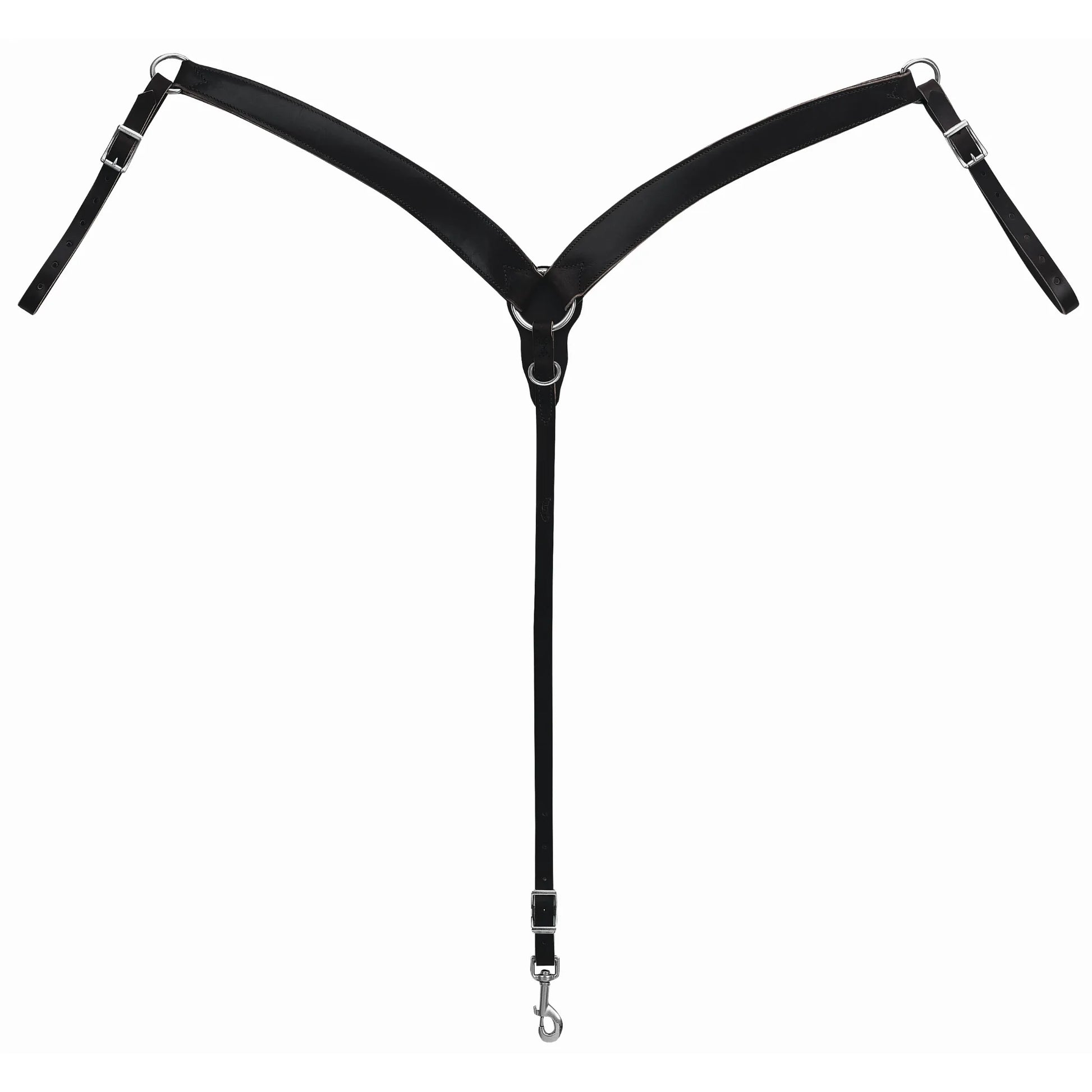 Premium Weaver Leather black contoured breast collar designed for superior fit and horse comfort. This high-quality western horse tack features durable black leather, stainless steel hardware, and adjustable tug straps with buckles. The center ring and snap hook allow for easy attachment to the cinch. Perfect for trail riding, barrel racing, or everyday use, this stylish equestrian breastplate ensures saddle stability and a professional look.