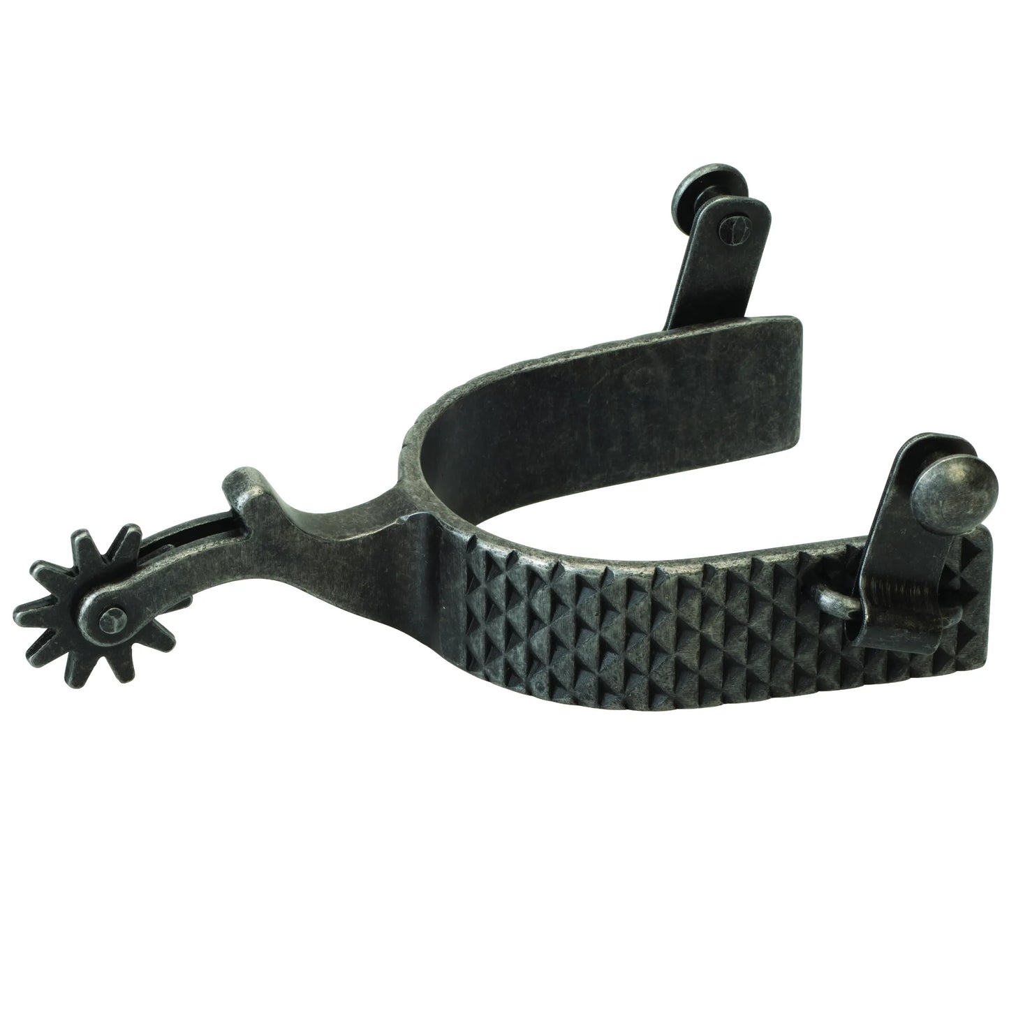 Weaver Leather Black Rasp Spurs for Men featuring a rugged rasp-textured band and a vintage blackened steel finish. These high-quality western riding spurs include a 2-inch shank and a 10-point rowel, perfect for precise horse communication and classic cowboy style. Ideal for ranch work or competitive riding, these durable spurs add a bold, rustic look to any pair of western boots.