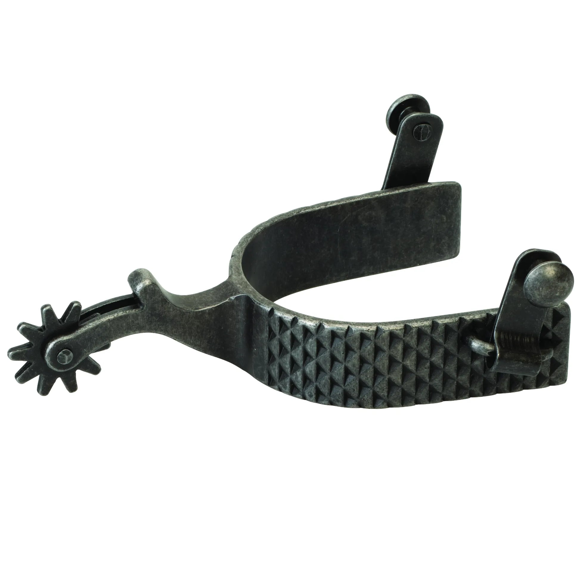 Weaver Leather Black Rasp Spurs for Men featuring a rugged rasp-textured band and a vintage blackened steel finish. These high-quality western riding spurs include a 2-inch shank and a 10-point rowel, perfect for precise horse communication and classic cowboy style. Ideal for ranch work or competitive riding, these durable spurs add a bold, rustic look to any pair of western boots.