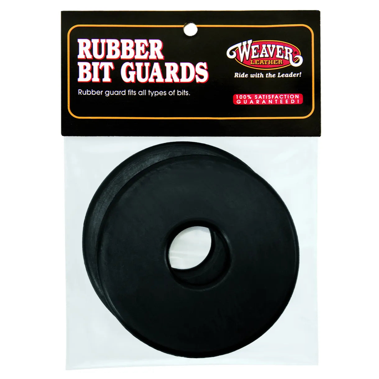 Weaver Leather Black Rubber Bit Guards in retail packaging. This pair of durable, flexible rubber bit rings protects your horse's mouth from pinching and rubbing. Designed with a universal fit for all types of bits, these essential equestrian accessories ensure horse comfort and improved communication. High-quality black bit guards for English or Western riding, perfect for enhancing your horse tack collection and providing a gentle ride.