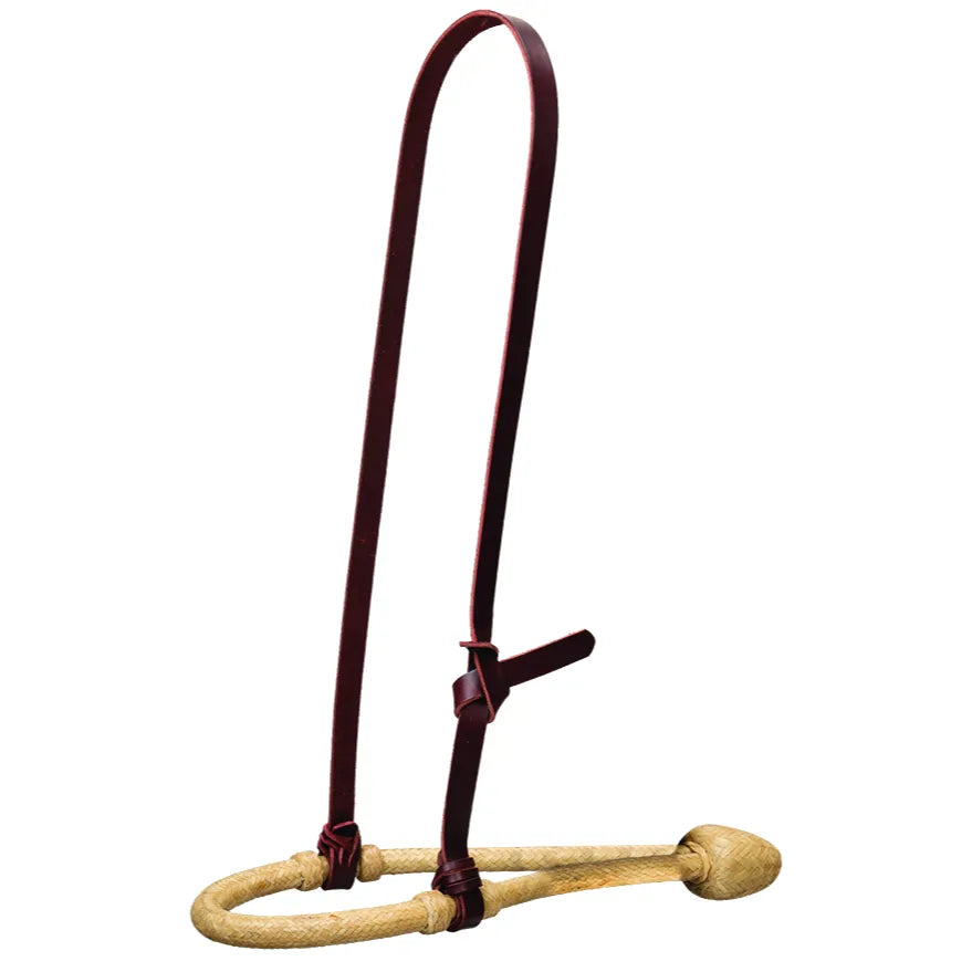 Durable Weaver Leather Burgundy Latigo Bosal Hanger for Western horse tack. This high-quality burgundy leather hanger features an adjustable tie-knot and is shown paired with a natural rawhide bosal for training. Perfect for bitless riding and traditional vaquero styling, this average horse size hanger is a versatile addition to any equestrian's gear collection.