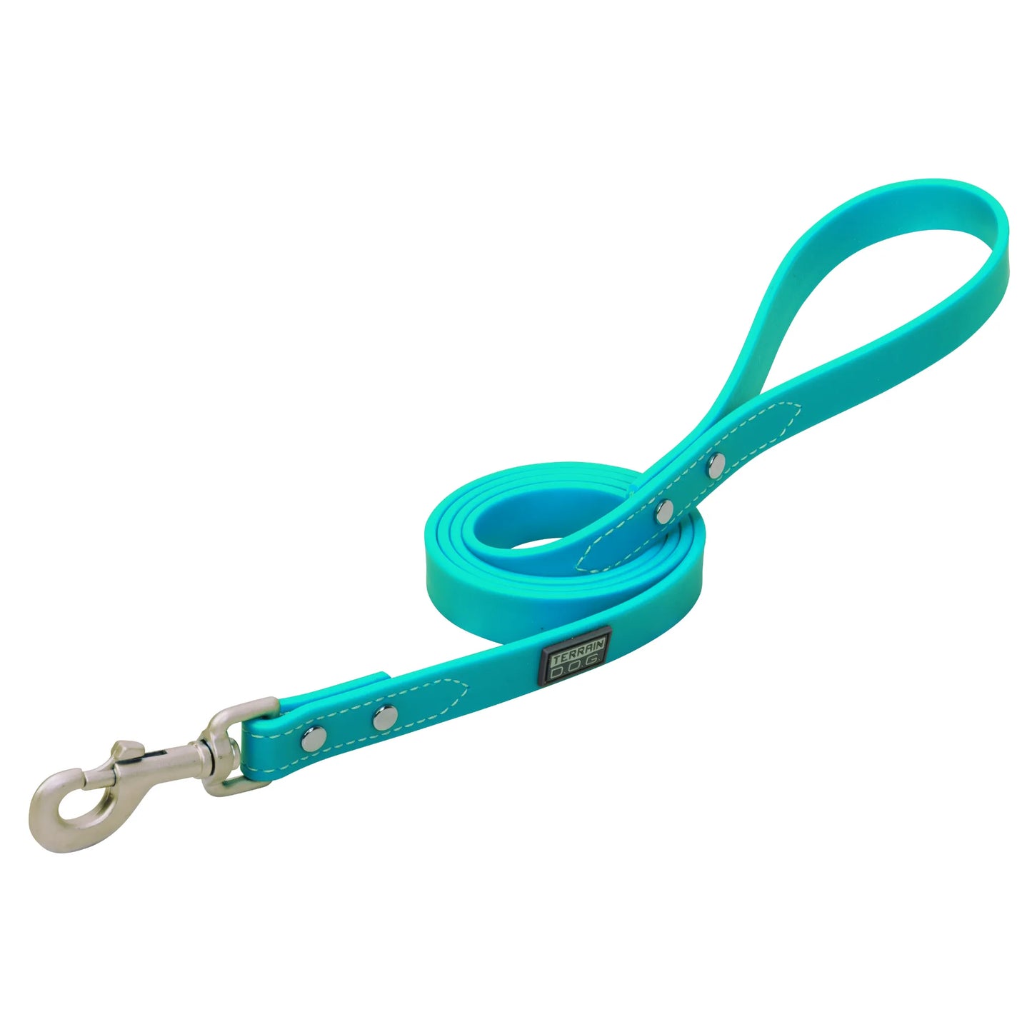 Vibrant turquoise Weaver Leather Brahma Webb Dog Leash featuring a durable, waterproof PVC-coated design. This stylish teal dog lead includes a heavy-duty silver snap hook, reinforced stitching, and a comfortable loop handle. Perfect for all-weather outdoor adventures and training, this easy-to-clean leash combines long-lasting durability with a pop of color for your pup.