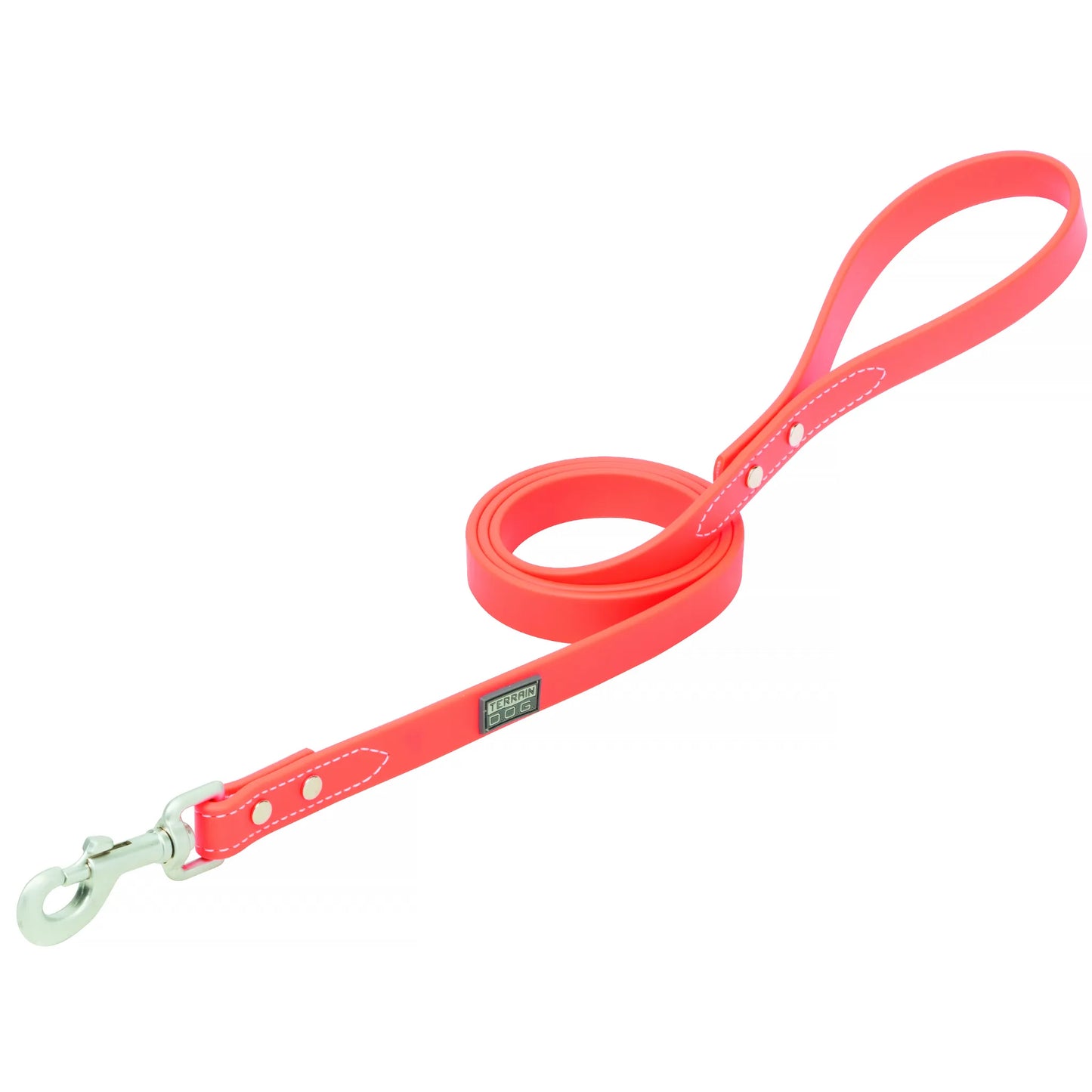 Neon pink Weaver Leather Brahma Webb dog leash featuring durable, waterproof synthetic webbing, a silver swivel snap hook, and a secure loop handle. This high-visibility Terrain D.O.G. lead includes stylish white accent stitching and metal rivets, making it perfect for rugged outdoor adventures. An easy-to-clean, bright coral pet accessory designed for active dogs who need a reliable and stylish walking lead.