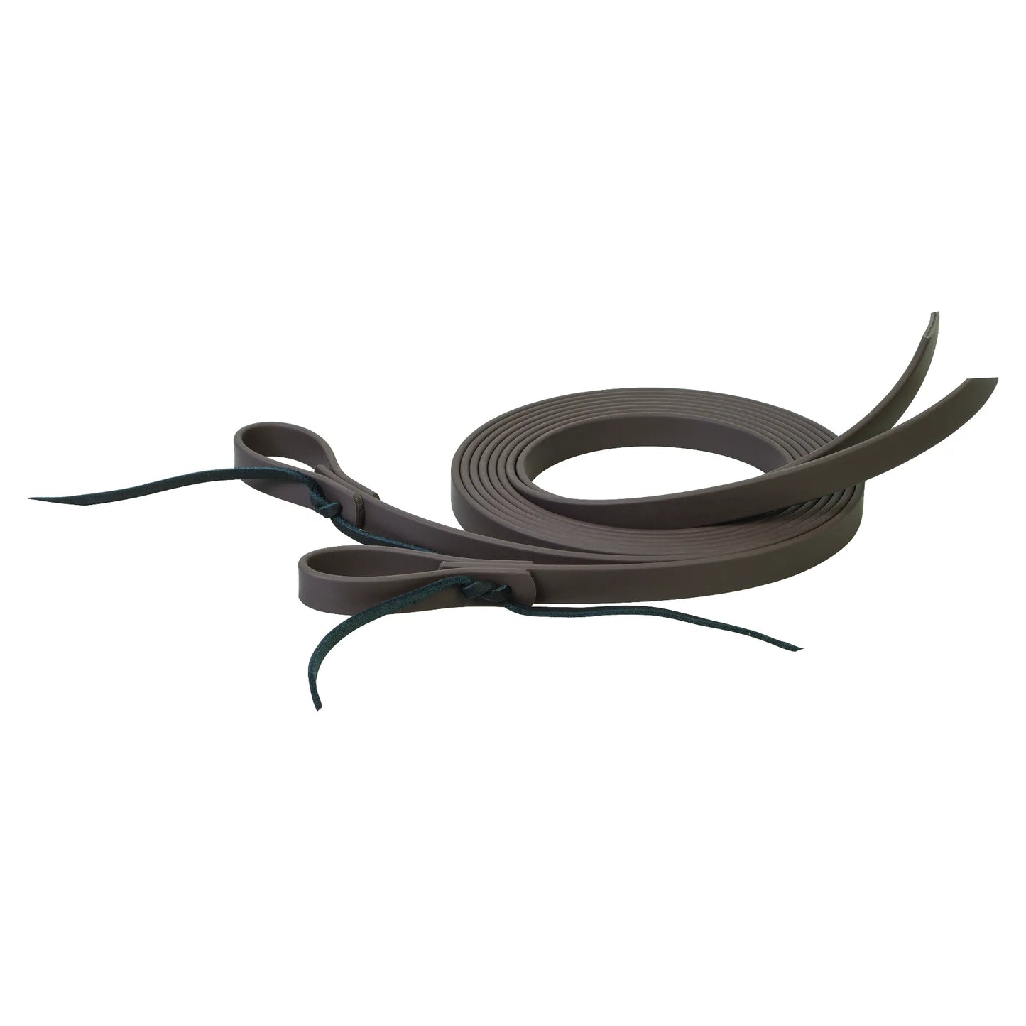 Rich brown Weaver Leather Brahma Webb Split Reins coiled to show their flexible, leather-like texture. These durable synthetic horse reins feature traditional latigo lace ties at the bit ends for a classic western look. Ideal for trail riding or training, this low-maintenance tack provides a comfortable grip and weather-resistant performance. A high-quality addition to any equestrian gear collection.