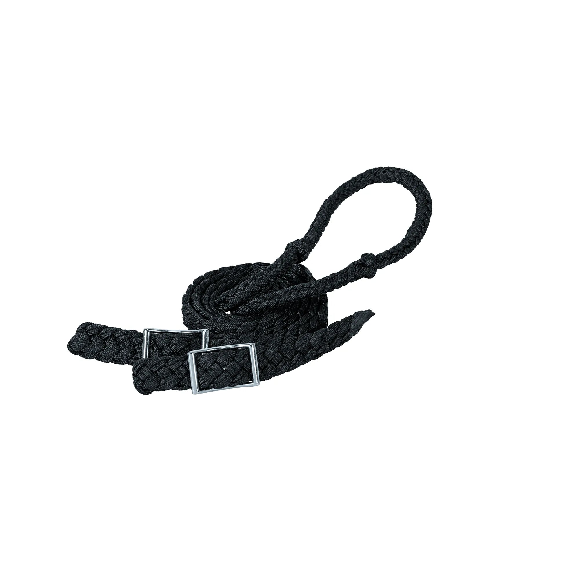 Black Weaver Leather Braided Nylon Barrel Reins designed to enhance your ride. These durable equestrian reins feature a classic flat-braided texture for a secure grip and silver-toned conway buckles for easy adjustability. Perfect for barrel racing, speed events, and everyday horse riding, this high-quality western tack provides reliable performance and style.