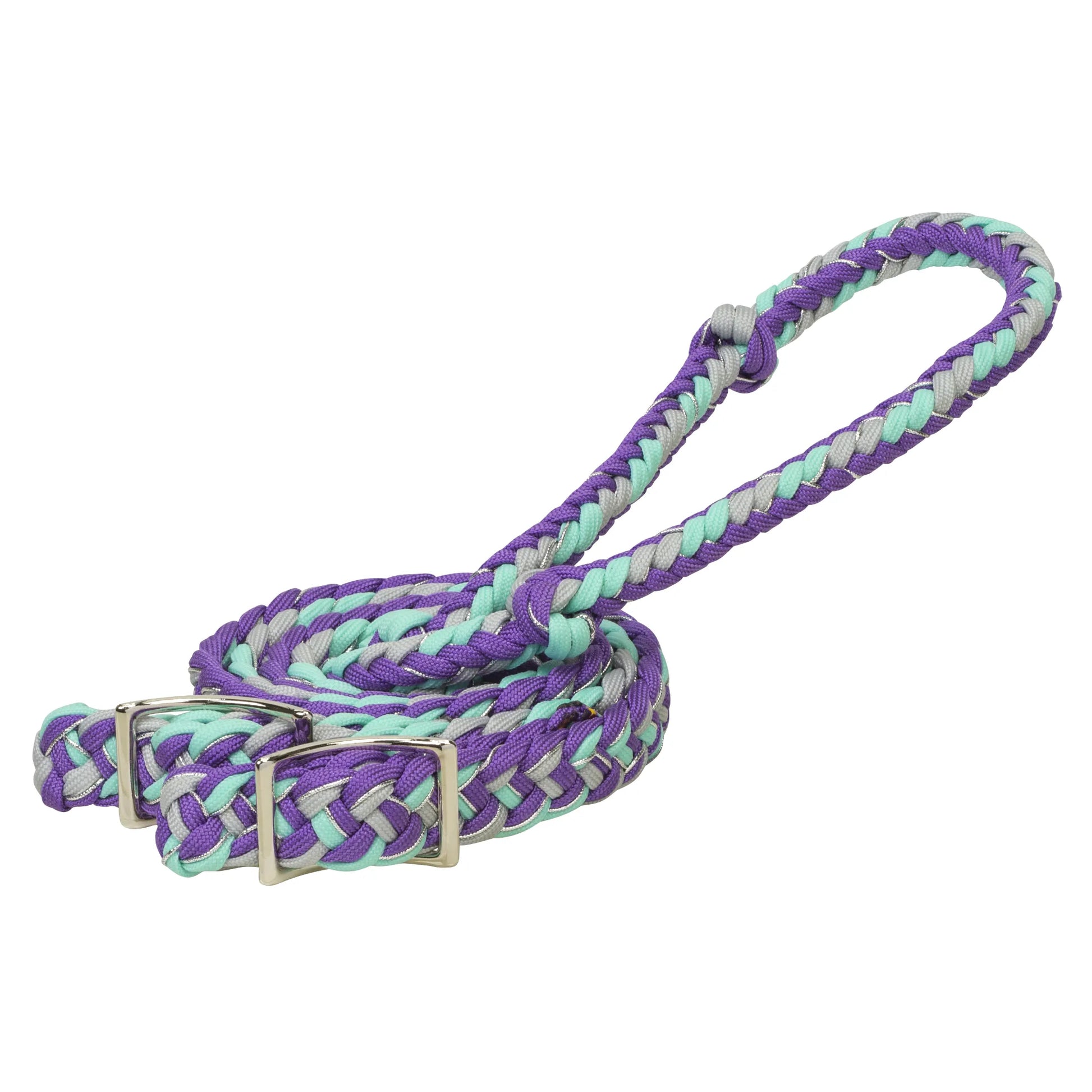 Weaver Leather Braided Nylon Barrel Reins in a vibrant purple, mint green, and grey pattern with shimmering silver accents. These durable horse reins feature a thick, round braided design for a secure grip and adjustable silver-tone Conway buckles for easy bit attachment. Perfect equestrian tack for barrel racing or trail riding, this stylish horse gear combines performance with eye-catching colors to enhance your ride.