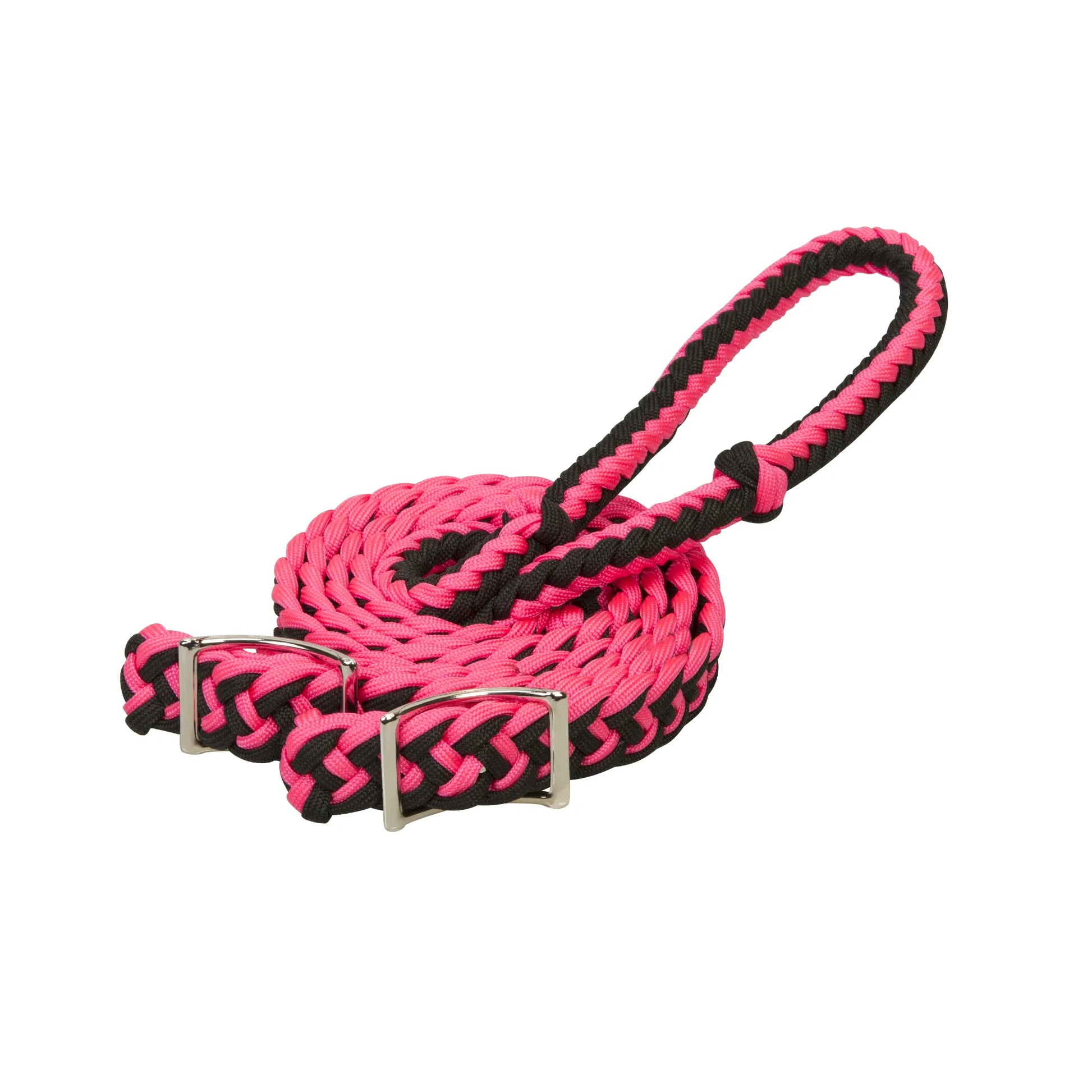 Weaver Leather Braided Nylon Barrel Reins in vibrant pink and black. Featuring a durable flat braid for a secure grip, these adjustable horse reins include silver conway buckles for a custom fit. Perfect for barrel racing, gymkhana, or trail riding, these high-quality reins offer both style and performance. Upgrade your horse tack with these eye-catching, long-lasting nylon reins designed for better control and comfort.