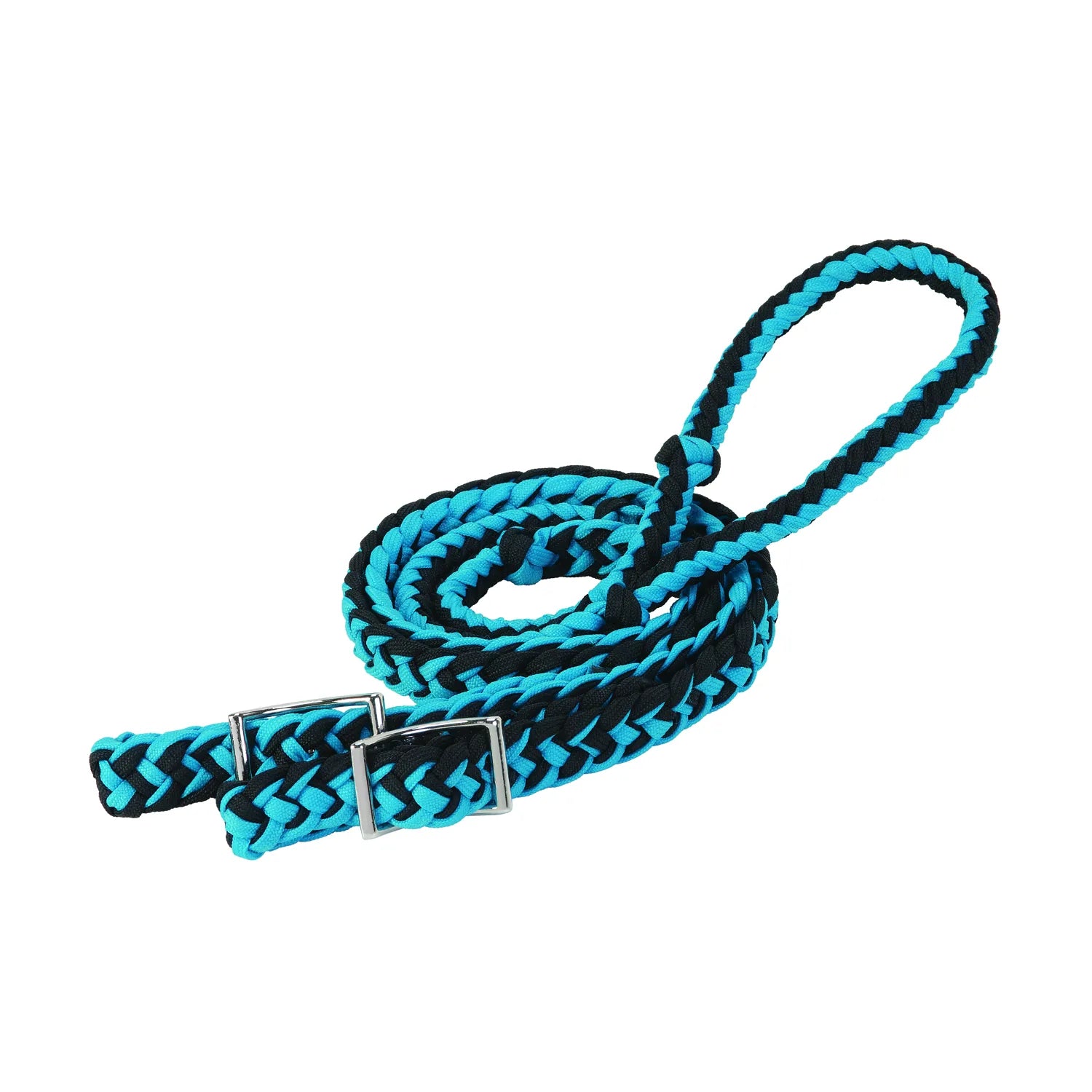Weaver Leather braided nylon barrel reins in a vibrant turquoise and black pattern. These durable horse reins feature a flat, textured braid for a secure grip and silver-tone conway buckles for easy adjustment. Perfect for barrel racing, western performance, and trail riding, this high-quality equestrian gear offers both style and control in the arena.