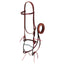 Weaver Leather Latigo 5/8'' Western Bridle featuring a browband headstall and split reins. Made from high-quality reddish-brown leather with white contrast stitching and decorative red leather ties. This complete horse tack set includes a silver curb bit and matching curb strap, perfect for training or everyday Western riding. A durable and stylish choice for equestrian enthusiasts looking for premium latigo leather gear.