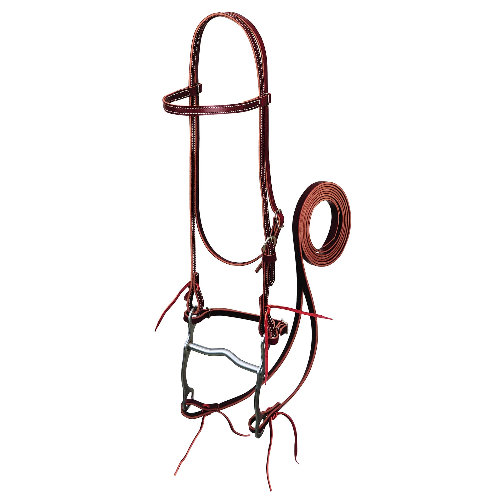 Weaver Leather Latigo 5/8'' Western Bridle featuring a browband headstall and split reins. Made from high-quality reddish-brown leather with white contrast stitching and decorative red leather ties. This complete horse tack set includes a silver curb bit and matching curb strap, perfect for training or everyday Western riding. A durable and stylish choice for equestrian enthusiasts looking for premium latigo leather gear.