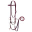 Weaver Leather 5/8'' Latigo Bridle featuring a dark burgundy leather browband headstall with white contrast stitching. This complete western tack set includes a silver curb bit, curb chain, and matching long split reins. Durable and stylish, it’s a classic choice for western horse riding, trail riding, and training.