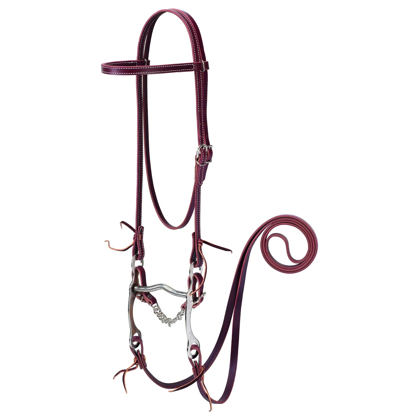 Weaver Leather 5/8'' Latigo Bridle featuring a dark burgundy leather browband headstall with white contrast stitching. This complete western tack set includes a silver curb bit, curb chain, and matching long split reins. Durable and stylish, it’s a classic choice for western horse riding, trail riding, and training.