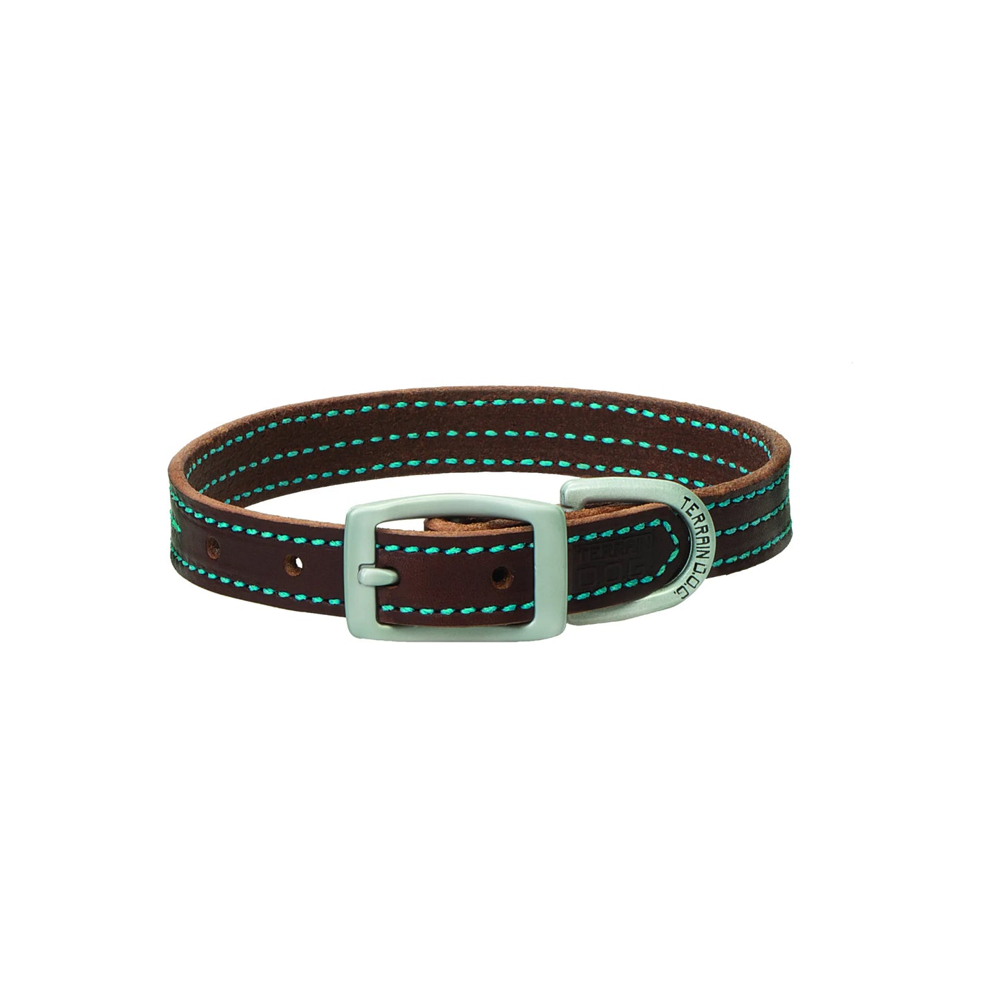 Weaver Leather Bridle Leather Dog Collar in rich mahogany brown with vibrant blue double-row stitching. This heavy-duty straight collar features thick, durable leather and matte silver hardware, including a sturdy buckle and a D-ring embossed with "Terrain D.O.G." A perfect blend of style and durability for active pets and outdoor adventures.