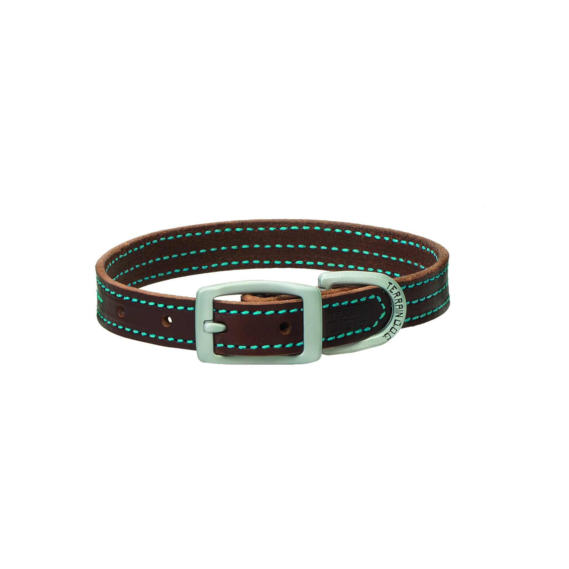 Weaver Leather brown bridle leather dog collar with vibrant teal blue double-row stitching. This high-quality straight collar features a durable silver-toned metal buckle and a D-ring with the Terrain D.O.G. logo. Perfect for active pets, this heavy-duty leather collar offers a stylish blend of rustic charm and rugged performance for dogs of all sizes.
