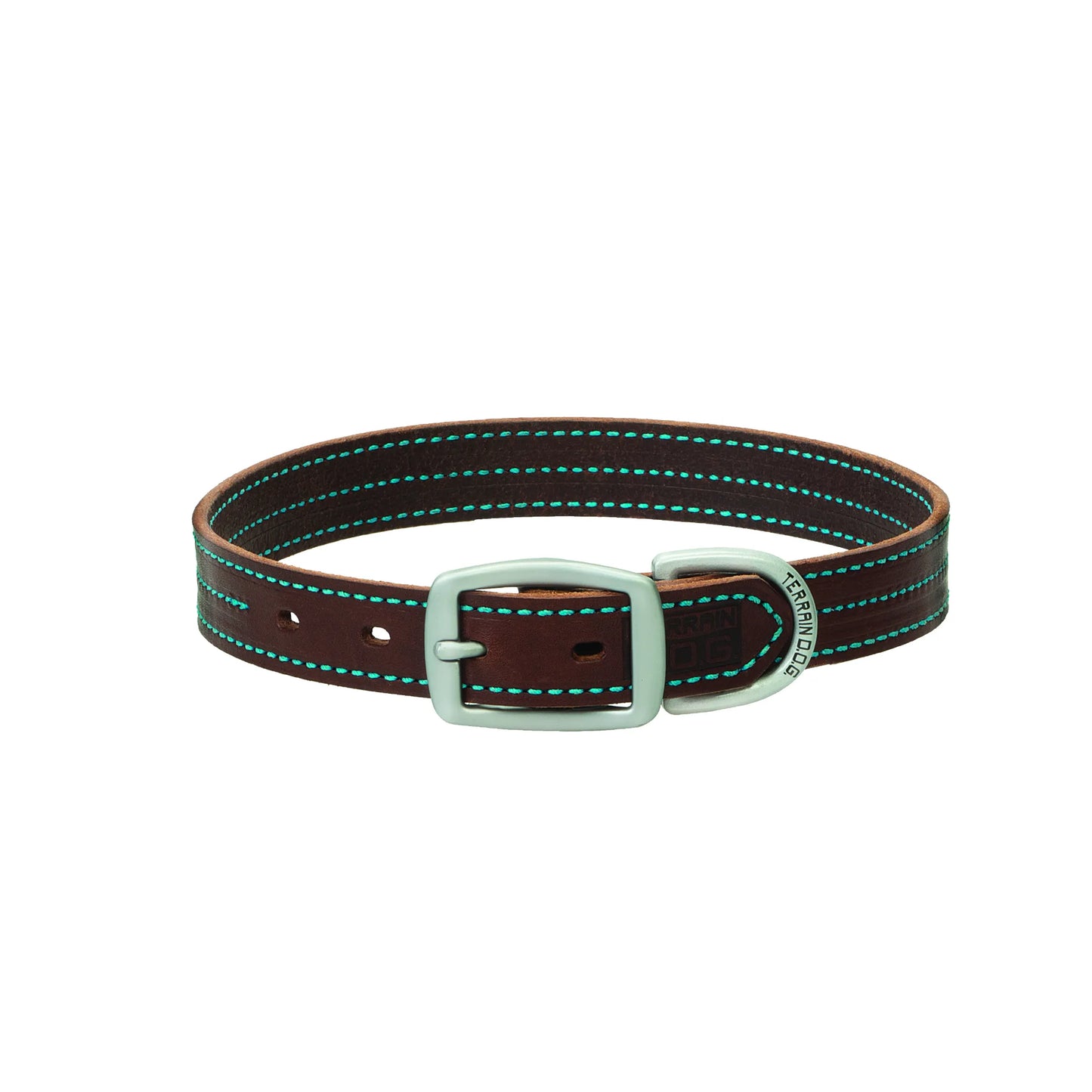 Weaver Leather Terrain D.O.G. Bridle Leather Dog Collar in rich brown with vibrant turquoise-blue double stitching. This durable straight leather collar features high-quality brushed nickel hardware and an engraved D-ring. A rugged yet stylish pet accessory designed for longevity and comfort, perfect for active dogs and outdoor adventures.