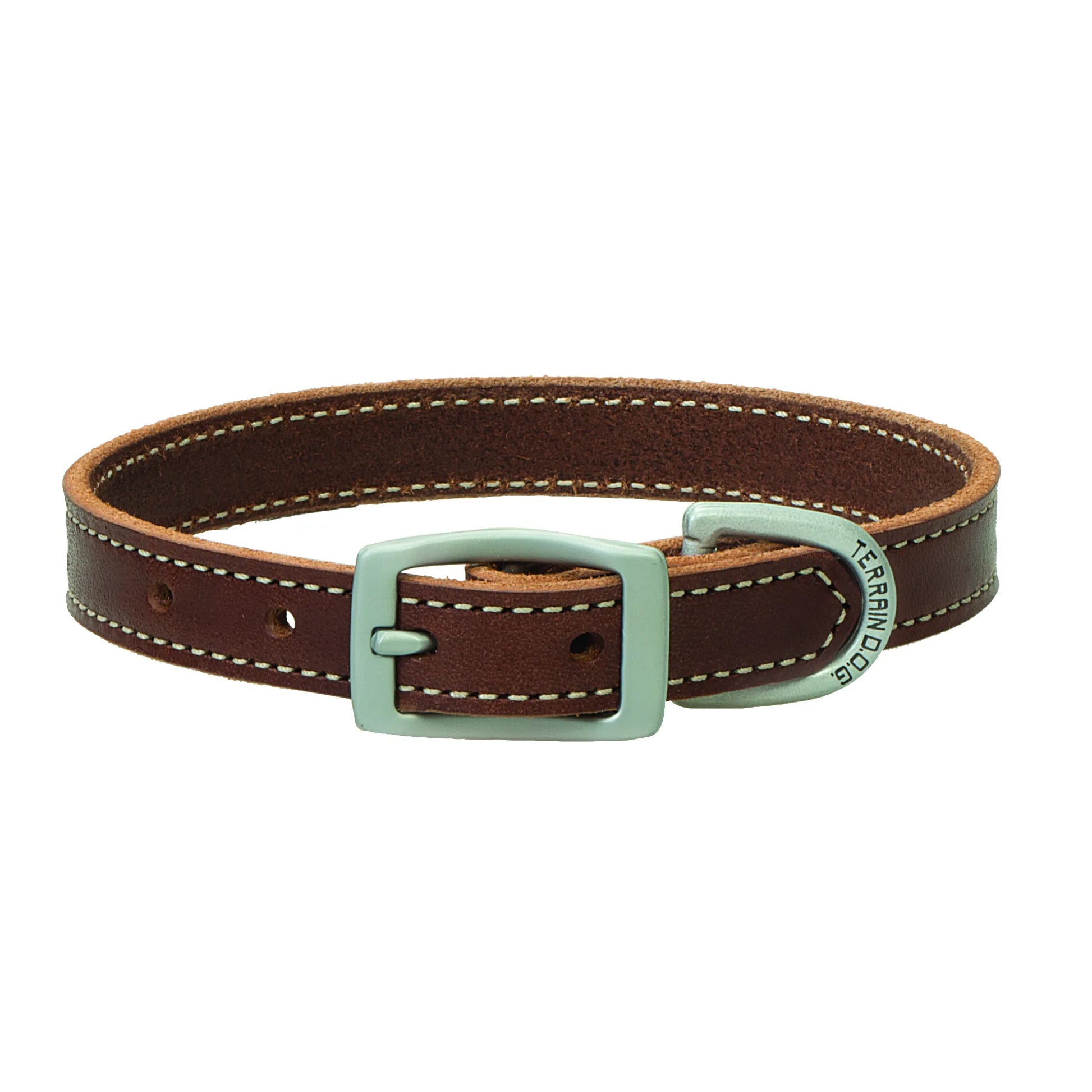 Weaver Leather Bridle Leather Dog Straight Collar in rich brown featuring durable white contrast stitching and high-quality silver-tone hardware. The Terrain D.O.G. branded D-ring and buckle offer a secure fit and rugged style. This premium leather pet collar combines classic craftsmanship with durability, making it an ideal accessory for active dogs and stylish pet owners.
