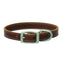 Weaver Leather Bridle Leather Dog Straight Collar in a rich brown finish. Crafted from premium bridle leather with elegant white contrast stitching, this durable dog collar features a sturdy brushed nickel-toned buckle and a built-in D-ring engraved with 'TERRAIN D.O.G.' Ideal for pet owners seeking a classic, heavy-duty accessory that combines style and strength for everyday use or outdoor adventures.