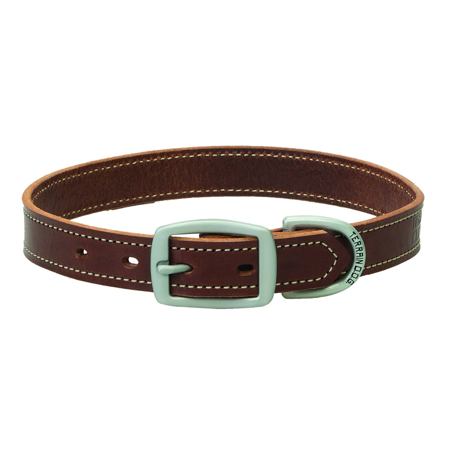 Premium Weaver Leather Bridle Leather Dog Straight Collar in rich brown. Handcrafted with heavy-duty leather and classic white contrast stitching. Features a secure matte silver buckle and integrated D-ring with Terrain D.O.G. branding. A durable, stylish pet accessory designed for longevity and comfort during walks or outdoor adventures. Perfect for pet owners seeking high-quality, rustic leather pet gear.