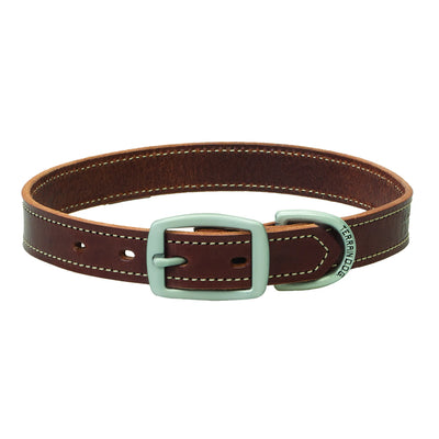 High-quality Weaver Leather Bridle Leather Dog Straight Collar in a rich brown finish. This durable pet accessory features classic white contrast stitching and matte silver hardware for a rugged, timeless look. The engraved "TERRAIN D.O.G." D-ring and sturdy buckle ensure reliability and style. A premium leather collar perfect for any adventure-ready pup. Ideal for those seeking artisan-crafted dog gear and long-lasting pet supplies.