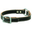 Weaver Leather Bridle Leather Ring-In-Center Dog Collar in black featuring a natural brown lining and crisp white contrast stitching. This heavy-duty collar includes a durable matte silver-tone buckle and a prominent center ring for easy leash attachment and safety. Crafted from premium bridle leather for lasting quality and style, it's an ideal choice for active pets and pet owners seeking high-performance gear.