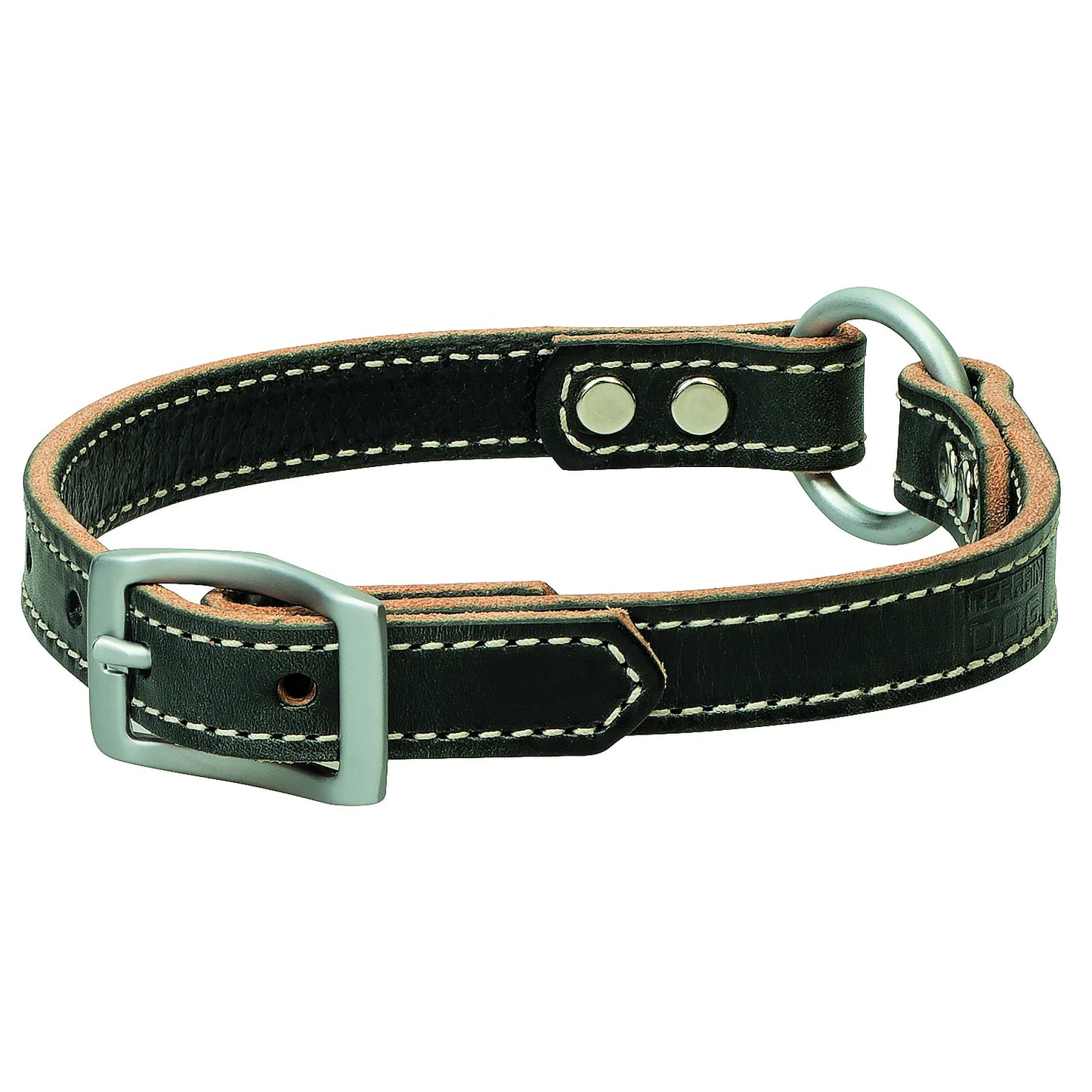 Weaver Leather Bridle Leather Ring-In-Center Dog Collar in black featuring a natural brown lining and crisp white contrast stitching. This heavy-duty collar includes a durable matte silver-tone buckle and a prominent center ring for easy leash attachment and safety. Crafted from premium bridle leather for lasting quality and style, it's an ideal choice for active pets and pet owners seeking high-performance gear.