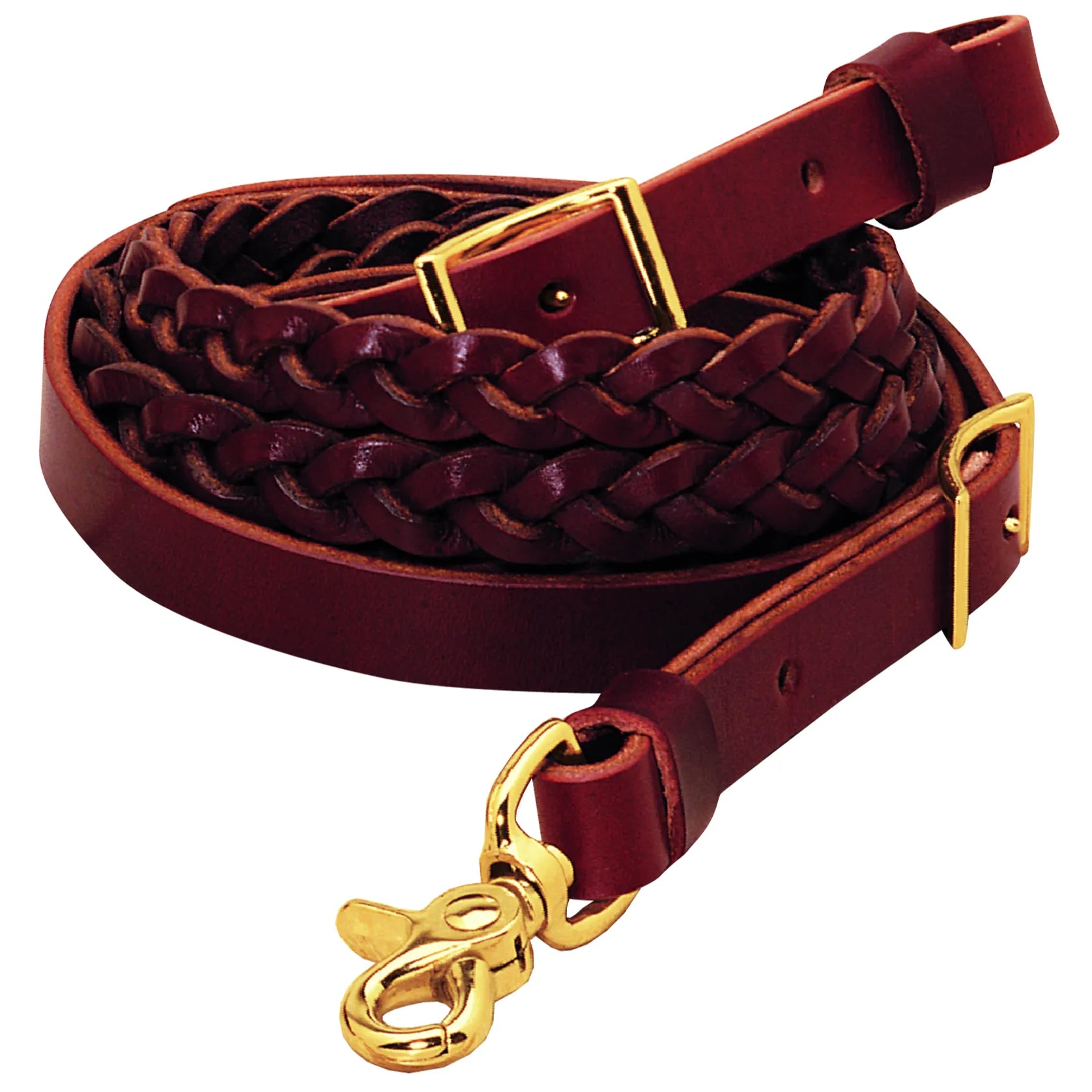 Weaver Leather Burgundy Latigo Leather Braided Roper Rein, 5/8" x 7'. High-quality equestrian tack featuring rich burgundy leather with a stylish hand-braided center for enhanced grip. Equipped with elegant brass-plated buckles and a durable scissor snap for secure attachment. Designed for western riding, roping, and trail performance, these premium leather reins offer a classic look and exceptional durability for horse enthusiasts.