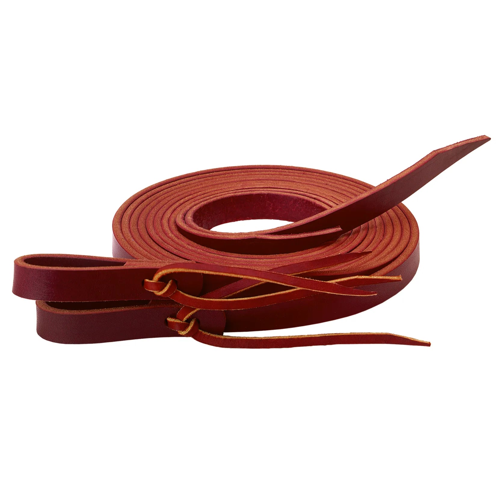 Weaver Leather Burgundy Latigo Split Reins for horse tack. These premium quality leather reins feature a rich burgundy finish and water loop bit ends with tie strings. Durable and supple equestrian gear for western riding, horse training, and everyday performance.