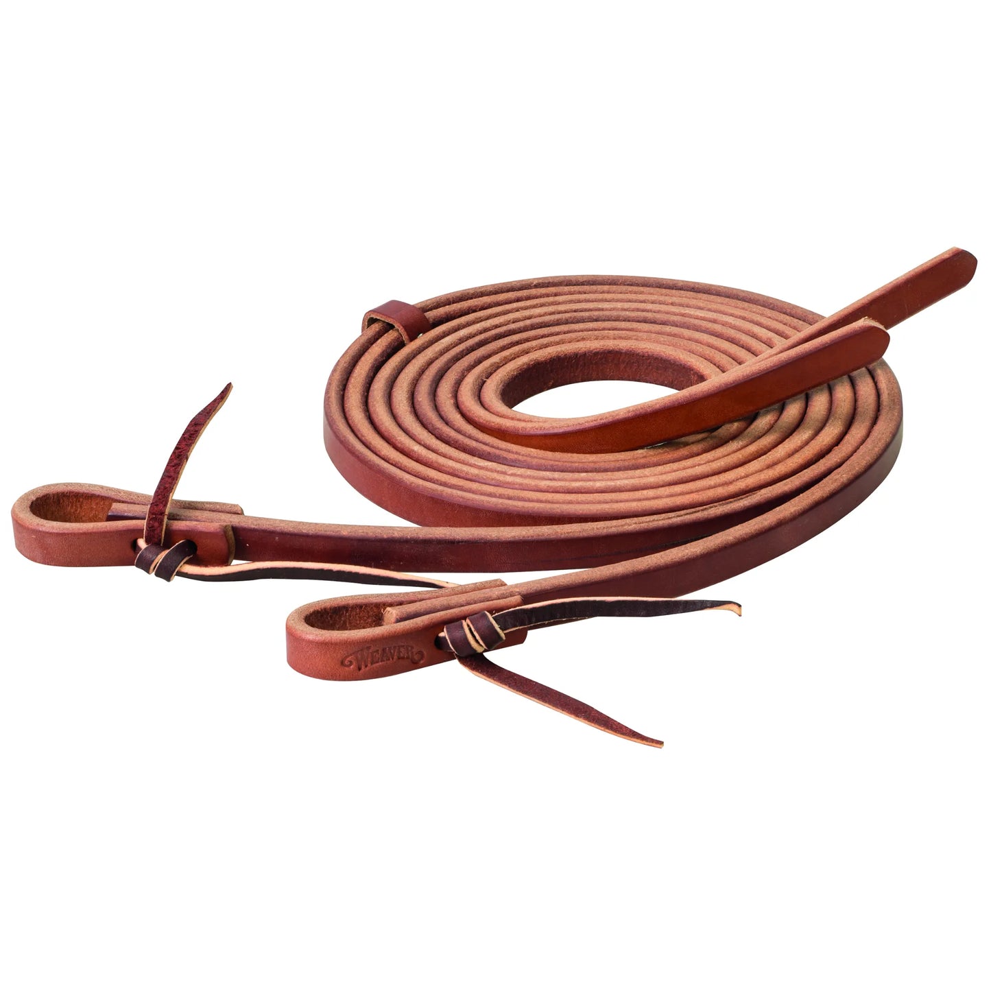 Weaver Leather Canyon Rose Heavy Harness Split Reins, 5/8" x 7', crafted from premium oil-dipped reddish-brown leather. These high-quality western horse reins feature weighted ends for a balanced feel and tie-on bit ends with a stamped Weaver logo. Perfect for trail riding, training, and ranch work, these durable reins offer a supple grip and professional performance for any equestrian seeking long-lasting tack.