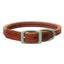 Weaver Leather Canyon Rose Harness Leather Hybrid Dog Collar featuring rich reddish-brown leather and white contrast stitching. This premium Terrain D.O.G. collar combines the comfort of a rolled leather design with the durability of flat harness leather. Includes a brushed silver buckle and D-ring for a rustic, high-end look. Perfect for active dogs and owners seeking stylish, long-lasting pet gear for outdoor adventures and daily wear.