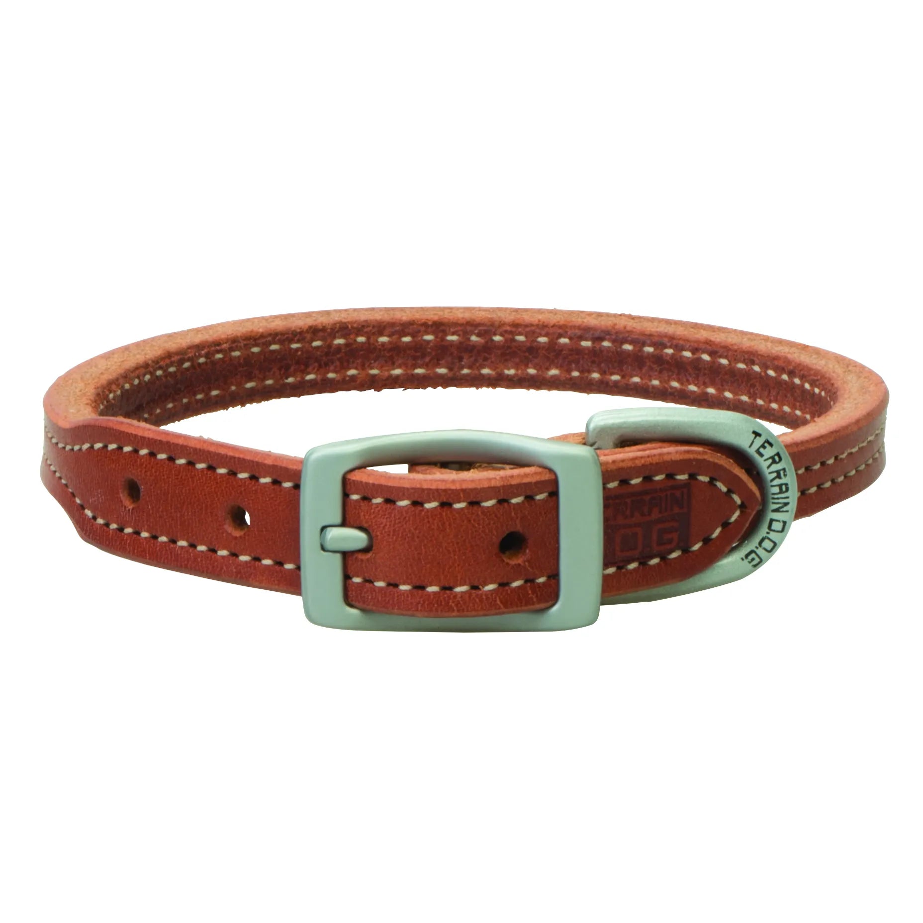 Weaver Leather Canyon Rose Harness Leather Hybrid Dog Collar featuring rich reddish-brown harness leather and white contrast stitching. This durable dog collar has a rolled interior to prevent fur matting and a flat exterior for style. Includes matte silver hardware, a heavy-duty buckle, and a D-ring engraved with the Terrain Dog logo. A high-quality, handcrafted pet accessory perfect for active dogs and classic style.