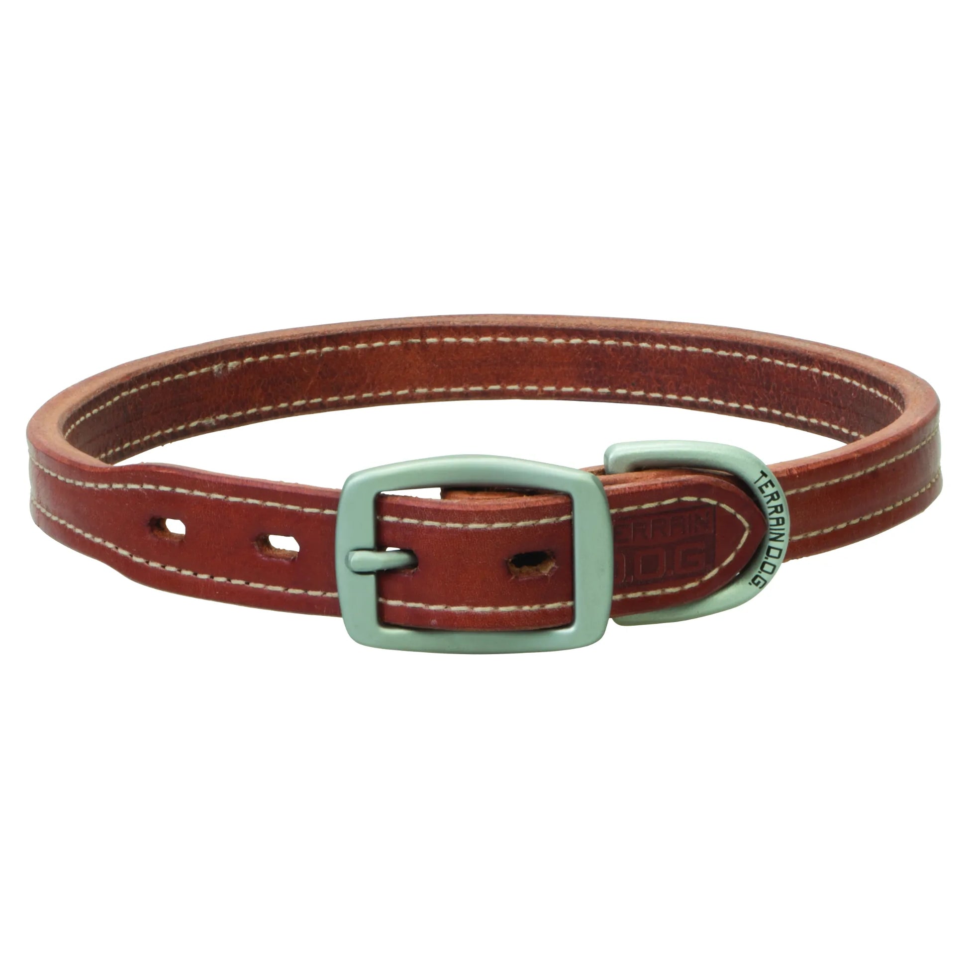 Weaver Leather Canyone Rose Harness Leather Hybrid Dog Collar featuring rich, reddish-brown leather with classic white double-stitching. This durable pet collar includes a brushed nickel-finish buckle and a matching D-ring engraved with "TERRAIN D.O.G." Perfect for active dogs, this high-quality, rugged leather collar combines rustic western style with long-lasting performance for outdoor adventures.