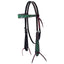 Premium Weaver Leather Browband Headstall featuring a hand-carved turquoise floral design on rich dark leather. This durable western headstall showcases intricate tooling, white contrast stitching, and stainless steel buckles for long-lasting performance. An elegant choice for barrel racing, western pleasure, or trail riding, blending classic craftsmanship with eye-catching style.