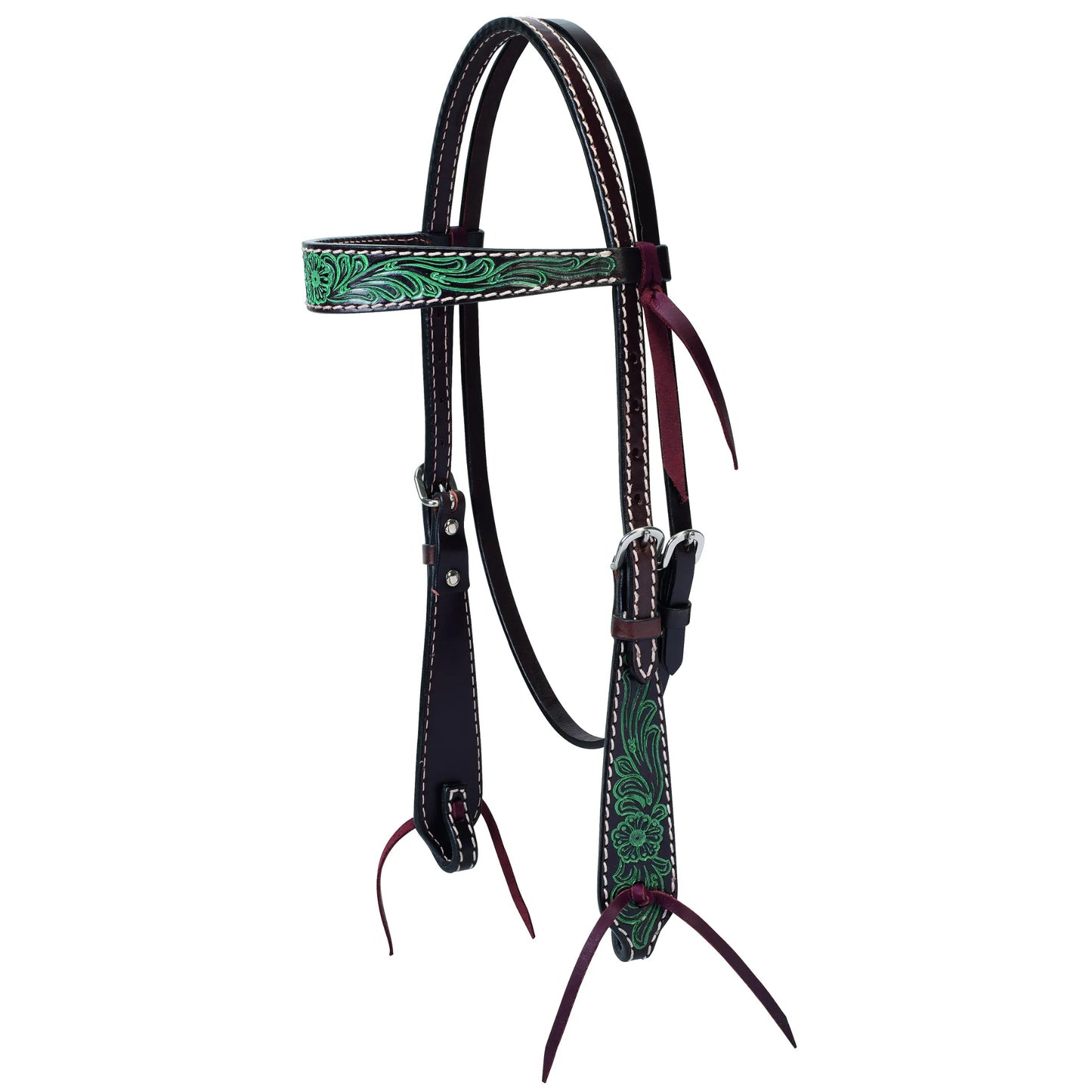 Premium Weaver Leather Browband Headstall featuring a hand-carved turquoise floral design on rich dark leather. This durable western headstall showcases intricate tooling, white contrast stitching, and stainless steel buckles for long-lasting performance. An elegant choice for barrel racing, western pleasure, or trail riding, blending classic craftsmanship with eye-catching style.