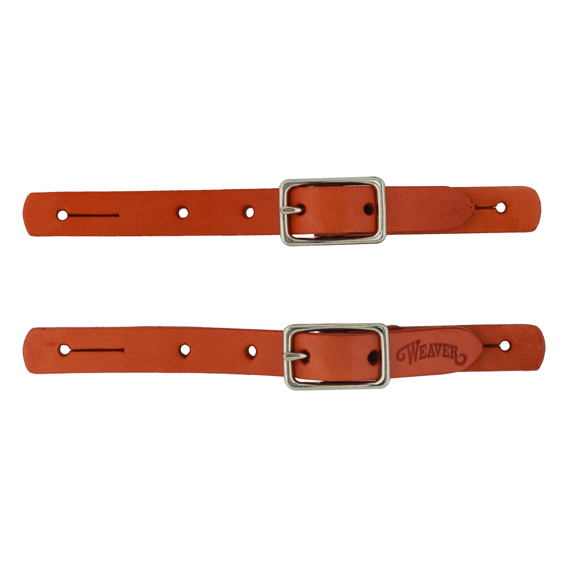 Weaver Leather children's spur straps in rich honey leather, 5/8 inch wide. These durable western riding accessories feature silver-tone buckles and pre-punched holes for easy adjustment on youth riding boots. One strap is stamped with the authentic Weaver logo. High-quality equestrian gear for young riders and pony club enthusiasts.