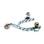 Weaver Leather Children's Spurs featuring a 1.75" twisted band in polished stainless steel with elegant copper rowels. These gentle youth riding spurs are designed for young equestrians, offering a stylish and secure fit on kids' riding boots. Perfect for western horse riding gear, these durable spurs are ideal for horse shows and daily practice, adding a professional touch to any young rider's equipment.