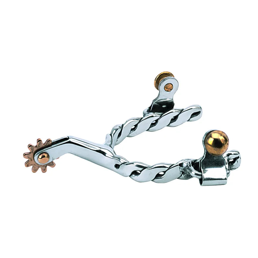 Weaver Leather Children's Spurs featuring a 1.75" twisted band in polished stainless steel with elegant copper rowels. These gentle youth riding spurs are designed for young equestrians, offering a stylish and secure fit on kids' riding boots. Perfect for western horse riding gear, these durable spurs are ideal for horse shows and daily practice, adding a professional touch to any young rider's equipment.