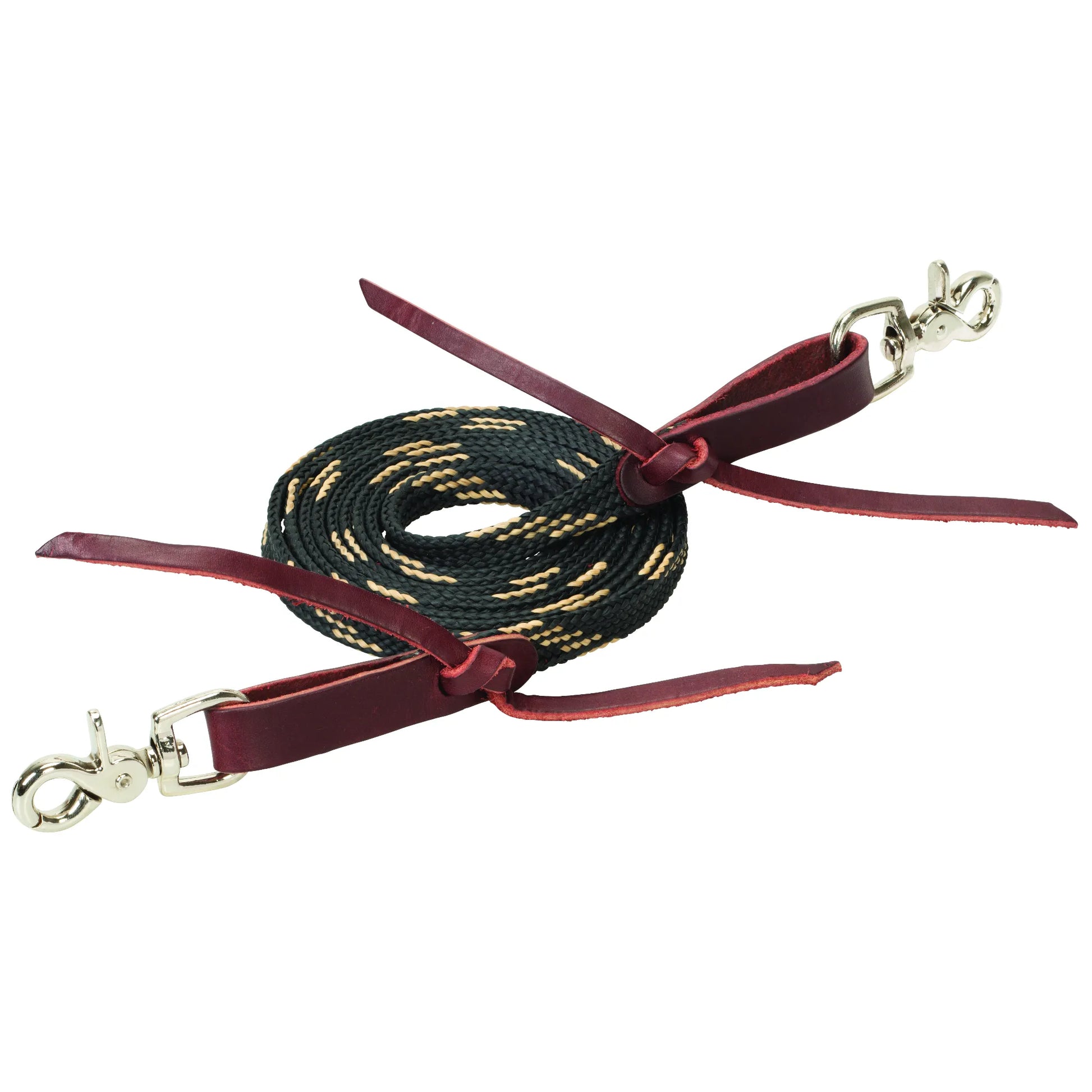 Weaver Leather Competition Roper Rein featuring a black and tan braided cord for superior grip and control. This durable equestrian tack includes premium burgundy latigo leather poppers and silver-toned scissor snaps for easy bit attachment. Perfect for barrel racing, roping, or everyday riding, these reins offer high performance and classic style for horse and rider.