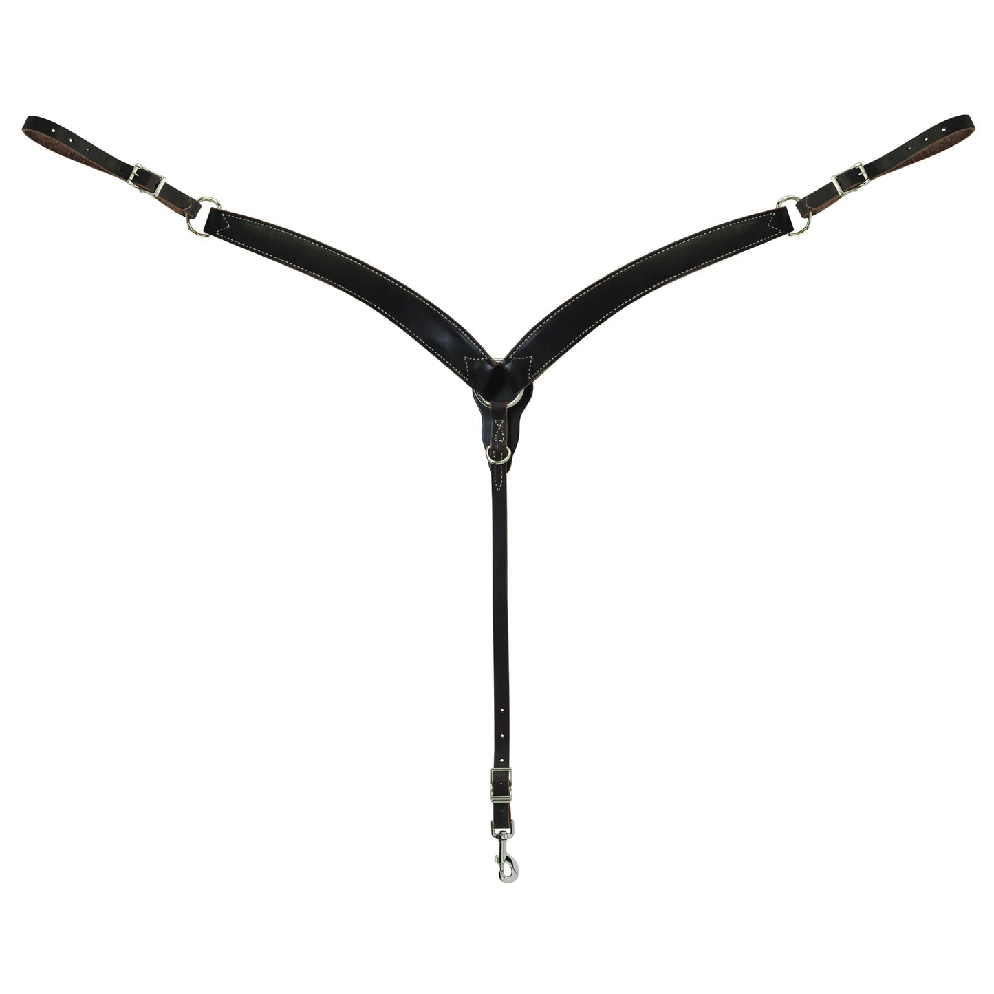 Weaver Leather Contoured Skirting Breast Collar in Dark Oiled leather. This premium horse tack features a Y-shape with wide, contoured chest straps accented by white contrast stitching. The adjustable straps include stainless steel buckles and rings for a perfect fit. Complete with a center strap and snap hook for easy attachment to your cinch. Durable and stylish equestrian gear designed for western riding, trail, or performance.