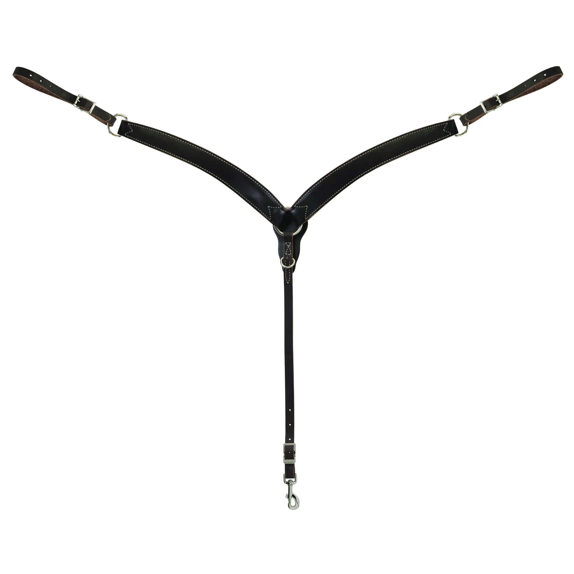 Weaver Leather Contoured Skirting Breast Collar in Dark Oiled leather. This premium horse tack features a Y-shape with wide, contoured chest straps accented by white contrast stitching. The adjustable straps include stainless steel buckles and rings for a perfect fit. Complete with a center strap and snap hook for easy attachment to your cinch. Durable and stylish equestrian gear designed for western riding, trail, or performance.