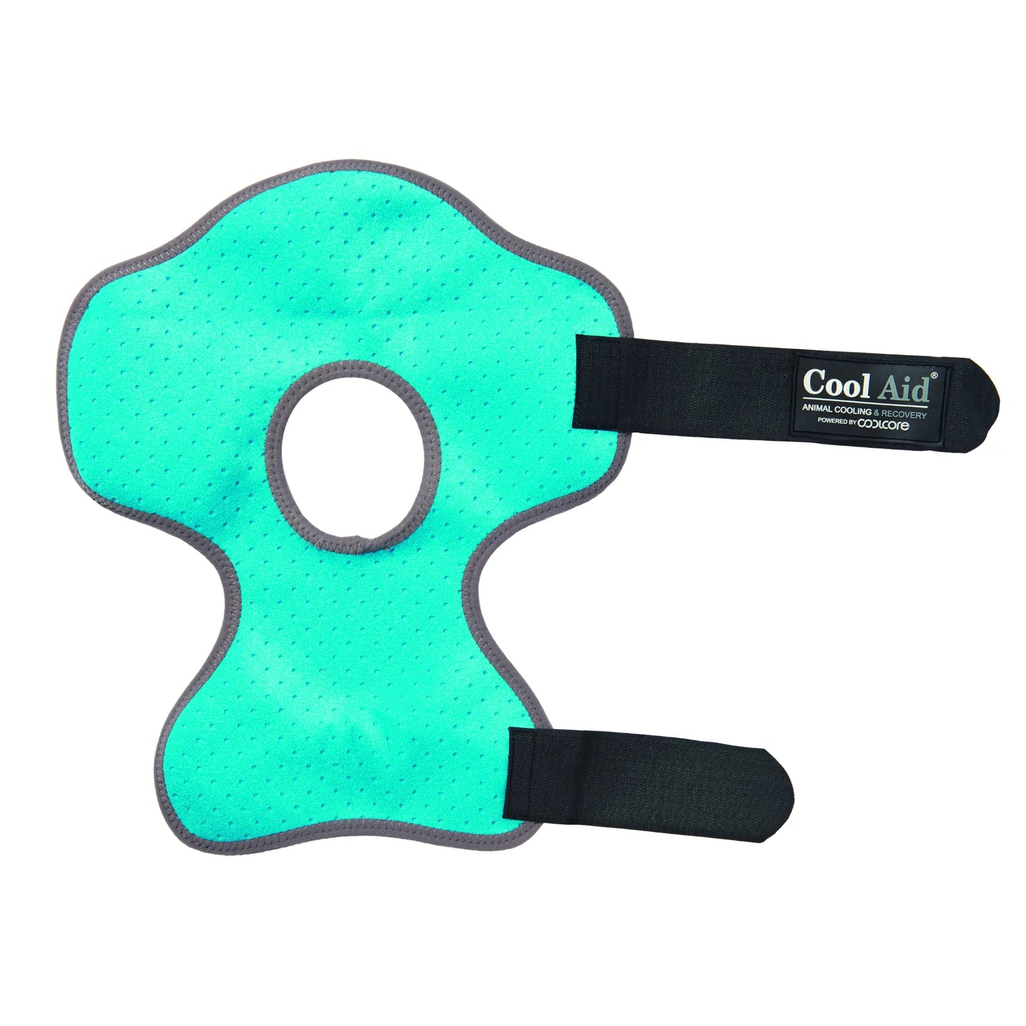 Turquoise Weaver Leather CoolAid Horse Equine Cooling Wrap featuring a targeted joint cutout for horse recovery. This high-performance cooling wrap includes grey trim, moisture-wicking fabric, and two adjustable black straps for a secure fit. Designed to reduce heat and inflammation in a horse's hock or knee after exercise, it uses Coolcore technology for effective equine therapy, post-workout cooling, and injury management.