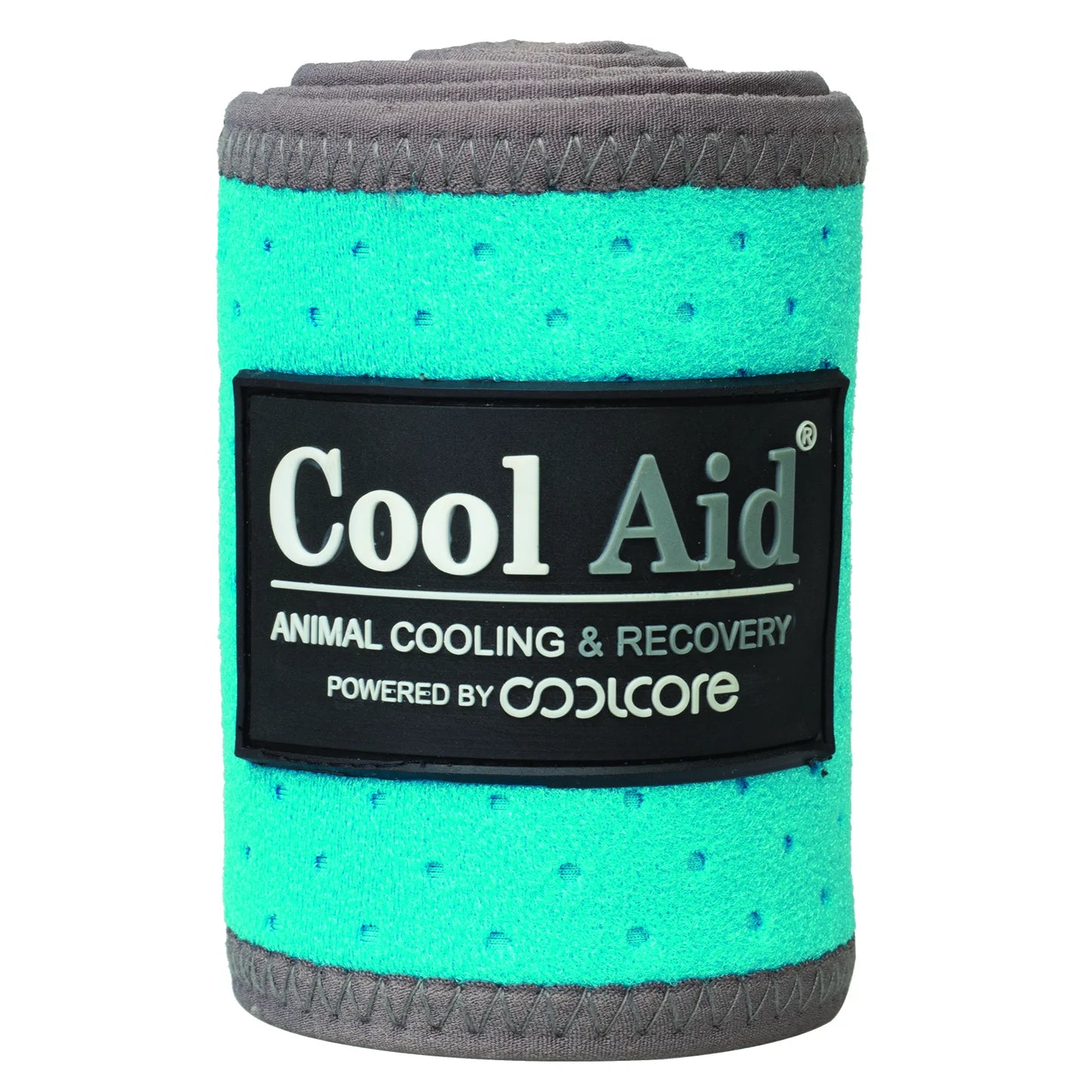 Weaver Leather CoolAid Horse Turquoise Polo Wrap for equine cooling and recovery. This rolled wrap features a vibrant turquoise perforated fabric with grey stitched borders and a central black Cool Aid label powered by Coolcore technology. Ideal horse leg protection and temperature regulation for equestrian athletes, these wraps provide breathable support during therapy or post-exercise recovery.
