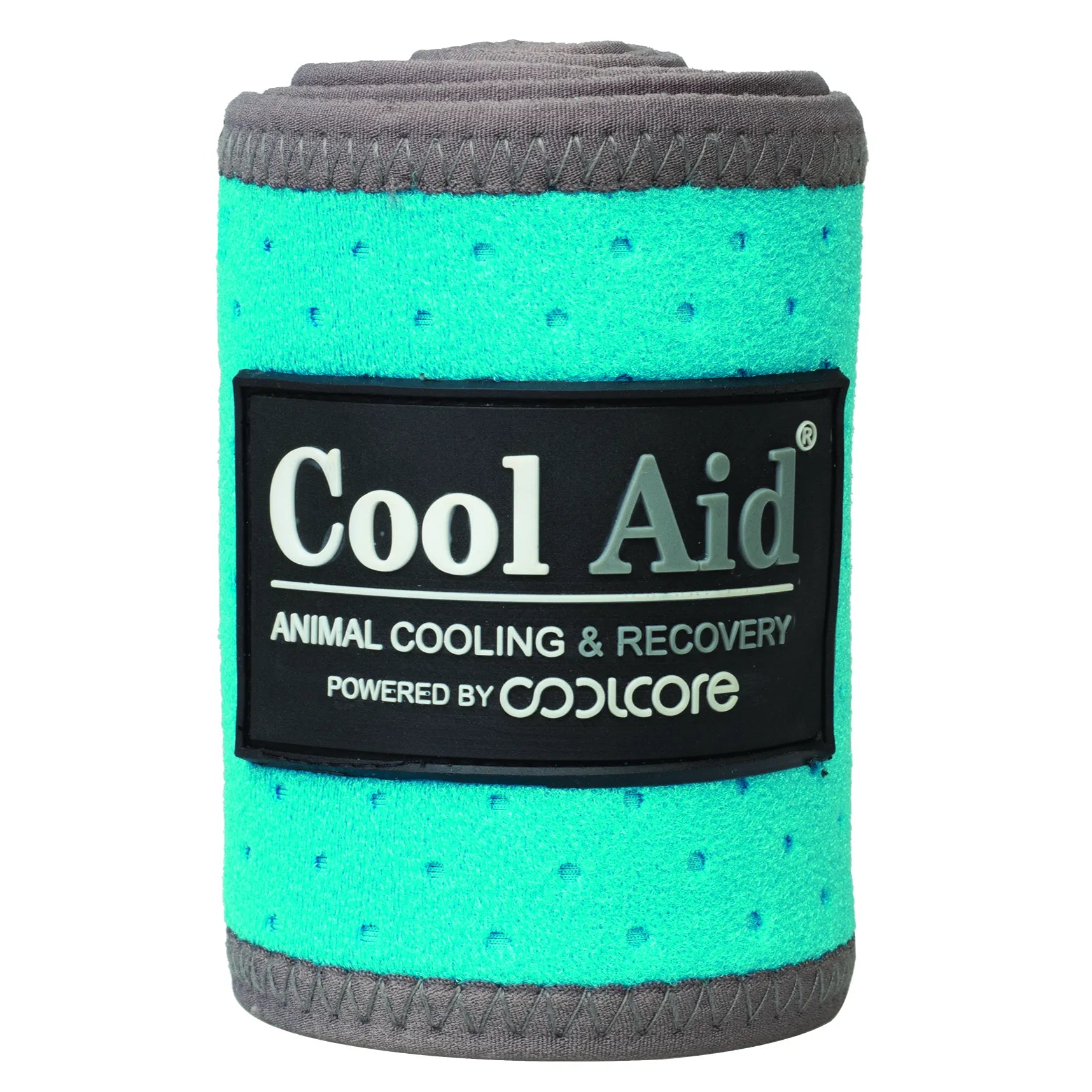 Weaver Leather CoolAid Horse Turquoise Polo Wrap for equine cooling and recovery. This rolled wrap features a vibrant turquoise perforated fabric with grey stitched borders and a central black Cool Aid label powered by Coolcore technology. Ideal horse leg protection and temperature regulation for equestrian athletes, these wraps provide breathable support during therapy or post-exercise recovery.