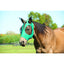 Vibrant green Weaver Leather Coolcore Fly Mask on a brown horse in a sunny pasture. This breathable horse fly mask features black mesh ear and eye covers for ultimate summer protection against insects and UV rays. A stylish and durable equestrian essential for horse turnout, designed to keep your horse cool and comfortable during hot summer months.