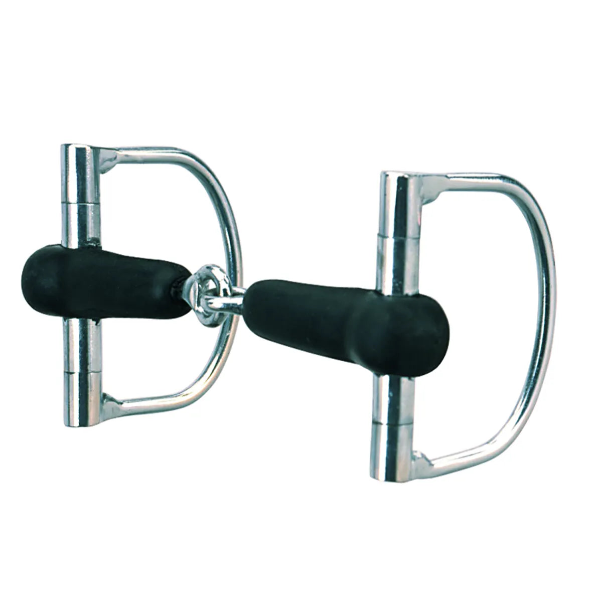 Weaver Leather Dee Ring Snaffle Horse Bit featuring a 5-inch jointed black rubber mouth and 2-7/8-inch polished silver Dees. This gentle equestrian bit is designed for horse comfort and clear communication during training or riding. High-quality stainless steel cheekpieces with a soft rubberized mouthpiece, ideal for sensitive horses. A durable and essential piece of horse tack for English or Western disciplines.
