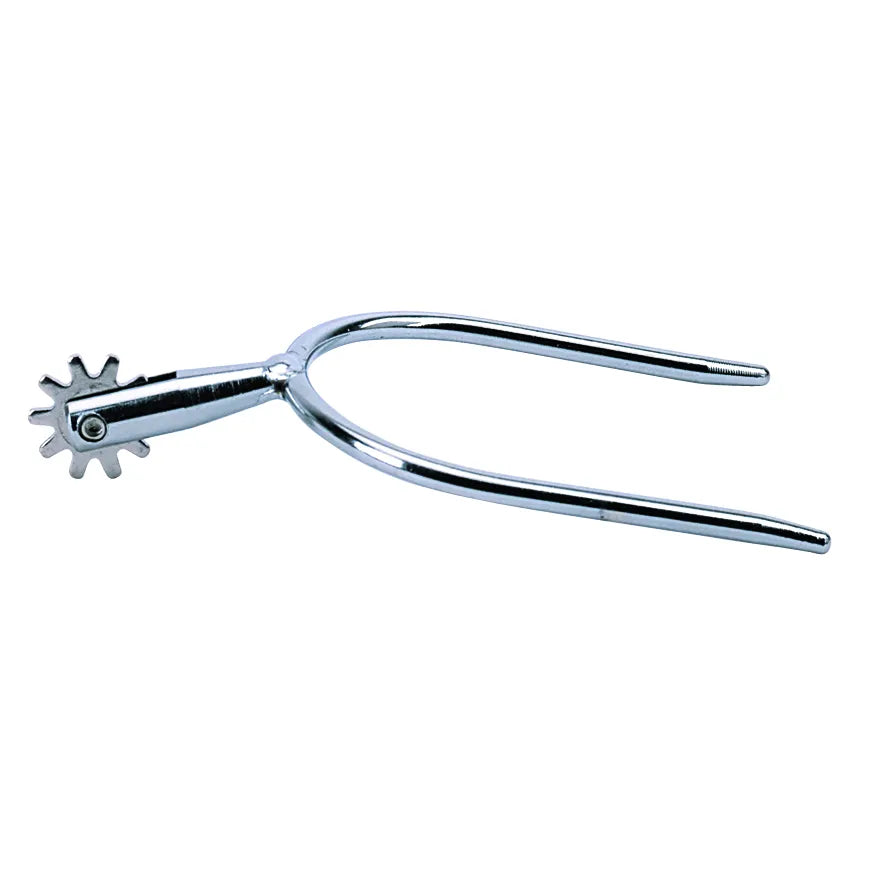Weaver Leather Copper Plated Lady Spurs featuring a 1.5-inch shank and a spinning 10-point rowel. These sleek, high-shine silver western spurs include a narrow U-shaped heel band tailored for a woman's riding boot. Durable and elegant equestrian gear perfect for western riding, barrel racing, and arena performance, offering precise communication and a polished look for horse and rider.
