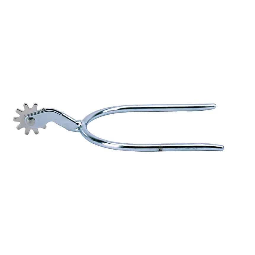 Weaver Leather Copper Spurs for men featuring a sleek, polished silver-tone finish. These "Quick On" slip-on western spurs include a 1.5-inch curved shank and a rotating 10-point rowel. Durable and easy to use, these spurs are essential equestrian gear for western riding, barrel racing, or training.