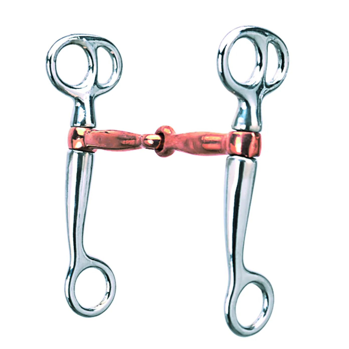 Weaver Leather Copper Tom Thumb Bit featuring a 5-inch jointed copper mouthpiece to promote salivation and a soft mouth. The 6-inch stainless steel cheeks provide gentle leverage for better communication and control. A versatile and essential piece of equestrian horse tack, perfect for western riding, transition training, or trail rides. High-quality metallic finish ensures durability and a professional look for any horse and rider.