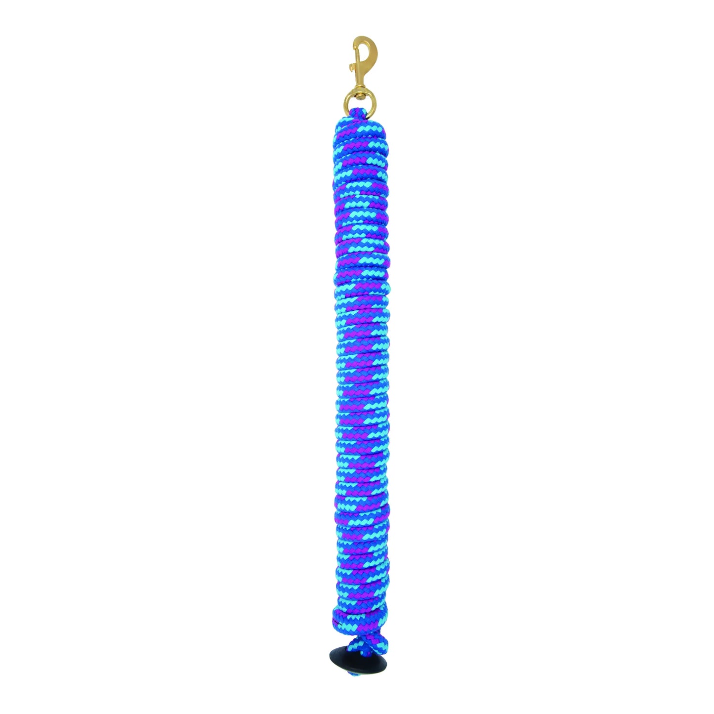 Weaver Leather Cotton Lunge Line, 25-foot horse training lead in a vibrant purple, blue, and teal pattern. This durable equestrian rope features a solid brass snap hook for secure attachment and a black rubber stopper for a comfortable grip. Essential for horse lunging and groundwork, this colorful cotton lead line combines style and functionality for trainers and riders.